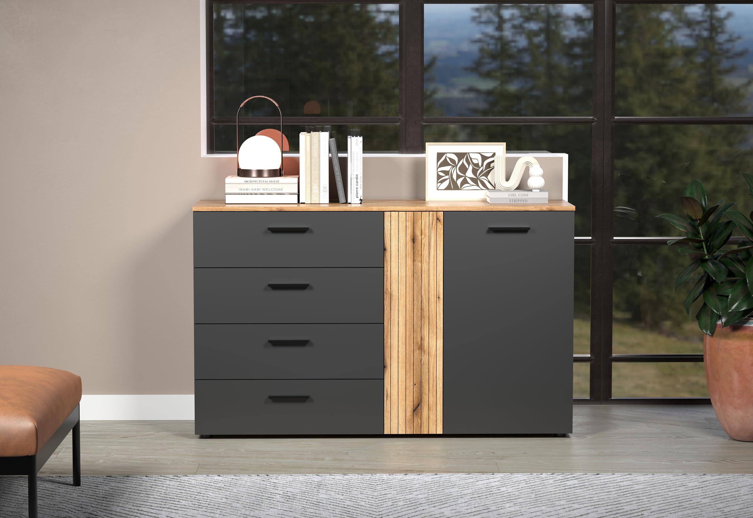 trendteam smart living Esteban Kommode Anthrazit/Evoke Eiche Wohnzimmermöbel mit 4 Vollauszug-Schubladen (BxHxT) 139 x 86 x 38 cm Rillenoptik