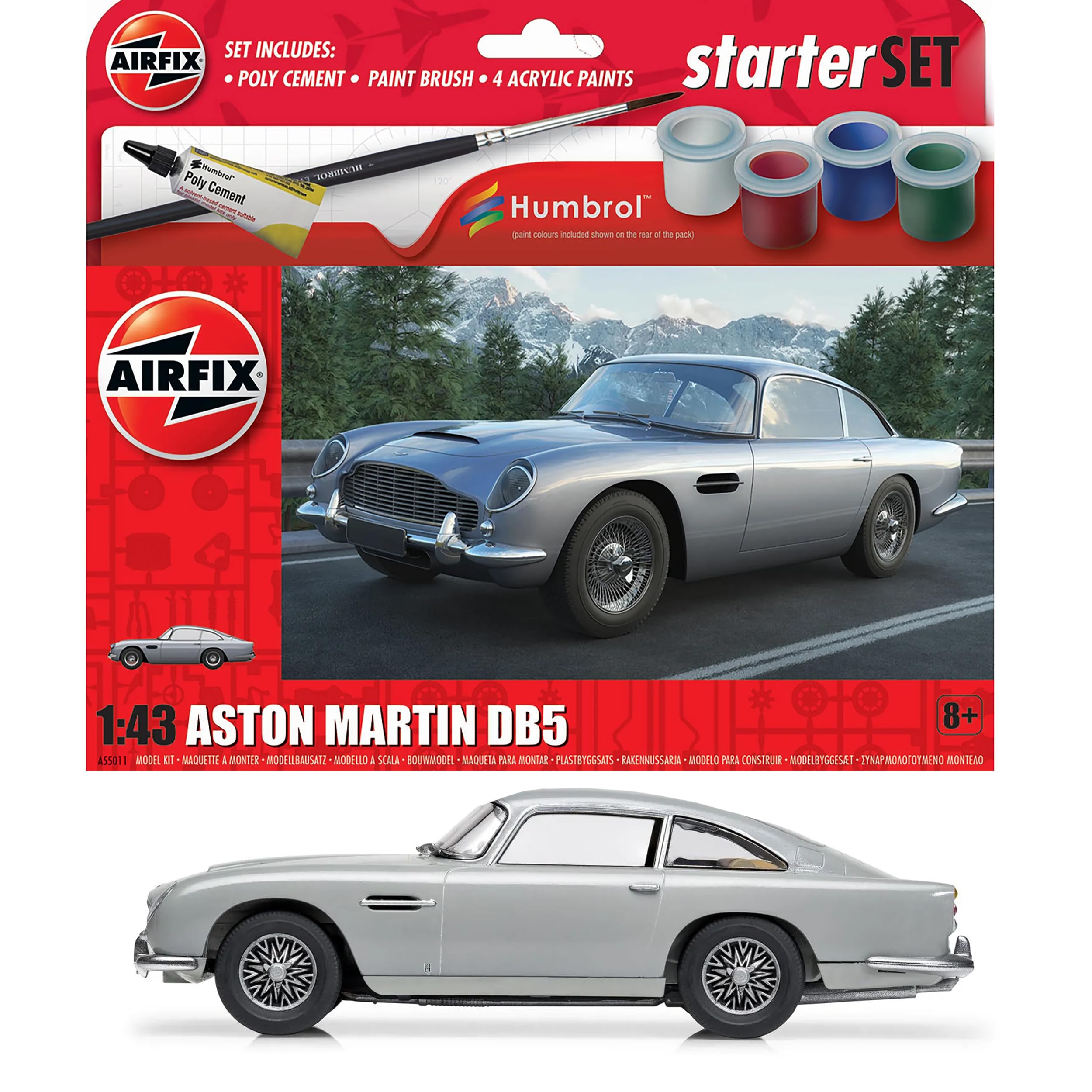 Airfix Starter Set - A55011 Aston Martin DB5 Model Building Kit - Plastic Model Car Kits for Adults & Children 8+, Set Includes Decals, Humbrol Acrylic Paints, Brushes & Poly Cement - 1:43 Scale Model