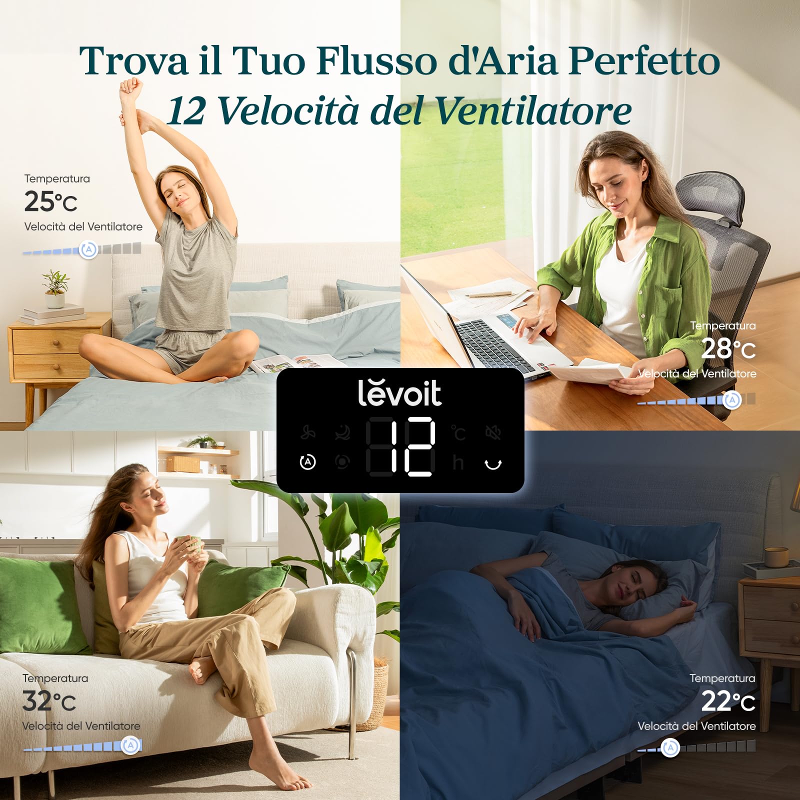 LEVOIT Ventilatore a Torre 20 dB Silenzioso, Potente 7,9m/s, 12 Velocità, 4 Modalità, Telecomando & LED, Timer da 1-12 ore, Oscillazione a 90°, Risparmio 26W, per Camera Letto, 92 cm, Bianco Puro