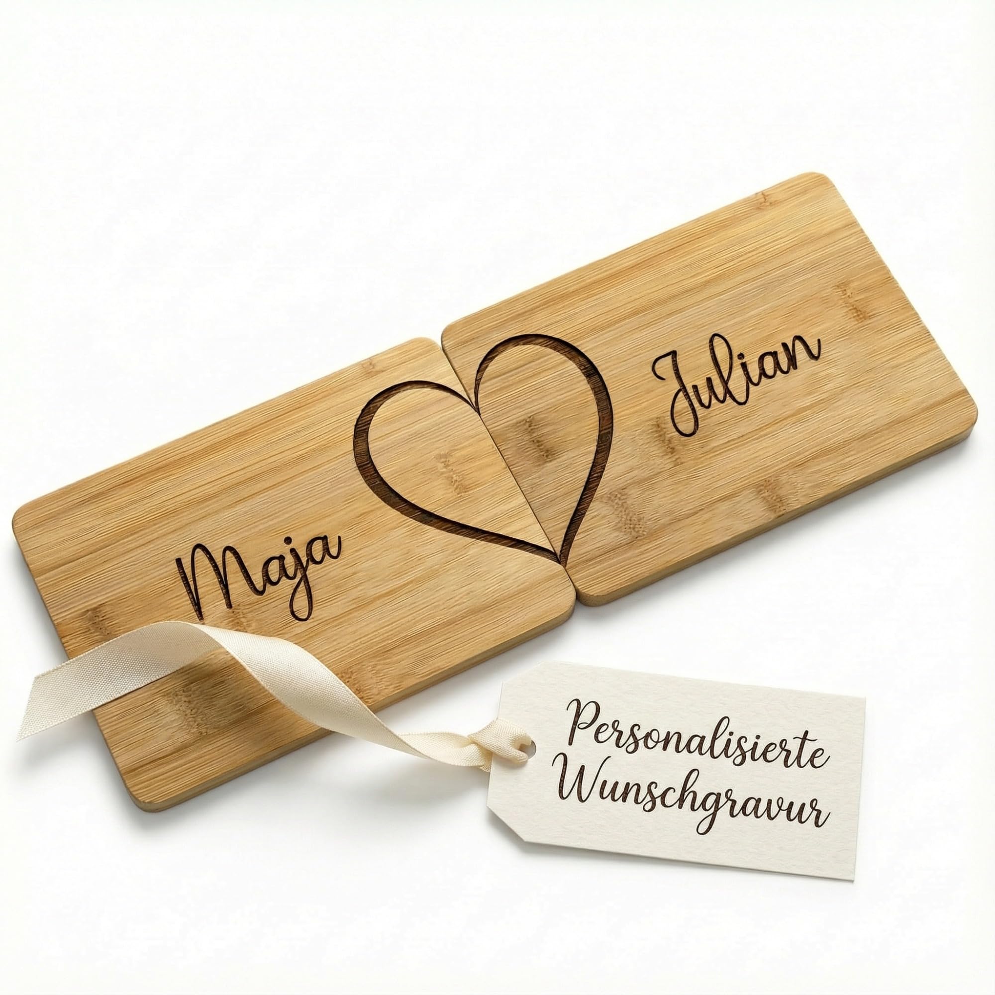 Bambus Frühstücksbrettchen Set 2er personalisiert – Geteiltes Herz & Namensgravur – Geschenk für Paare, Valentinstag, Jahrestag
