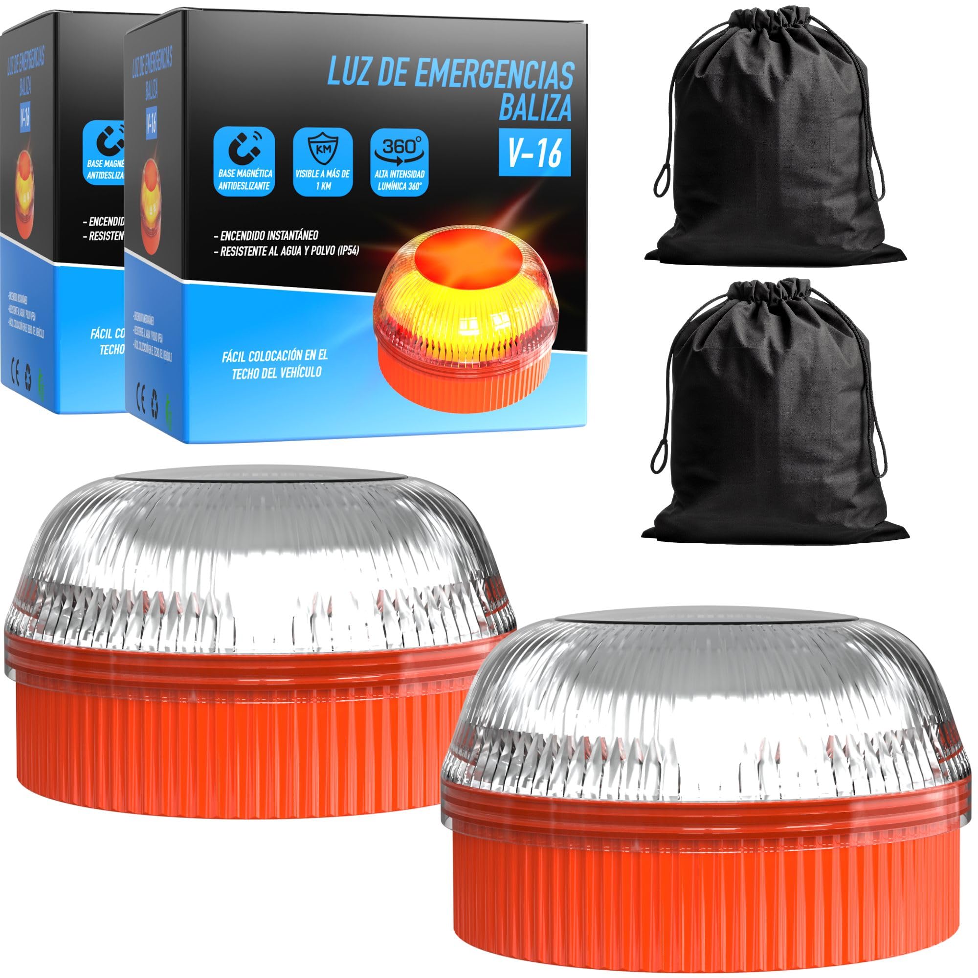 Baliza V16 (Pack de 2) | Lumière d'urgence pour signaler les accidents de voiture | Remplace le triangle | Housse noire incluse | Sans GPS | Aimants magnétiques | Fonctionne avec 3 piles AAA | Haute