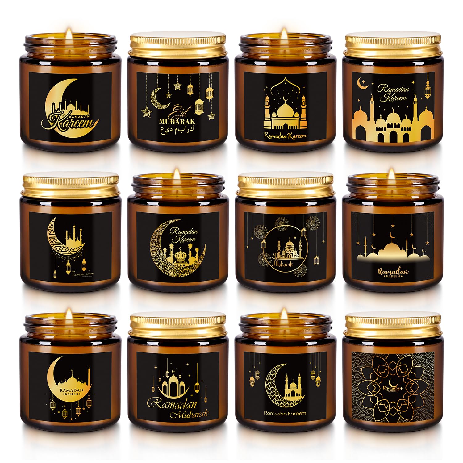 12 Pcs Ramadan Mubarak Scented Candle Set - Eid Candles for Home Decor, Aromatherapy Islamic Gifts for Women & Family, Mosque-Inspired Jar with Islamic Lanterns & Stars, Brown Soy Wax
