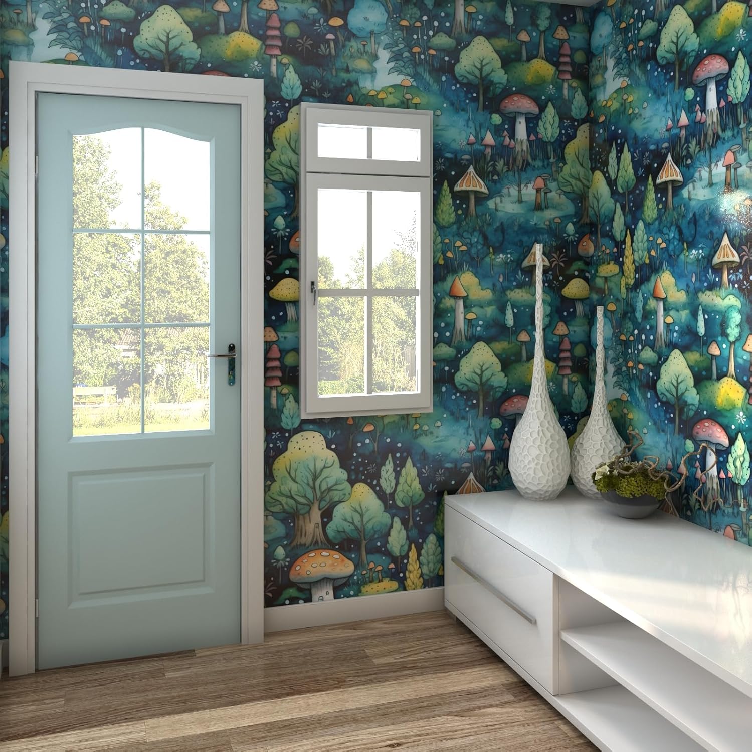 Whimsical Mushroom Wallpaper Peel and Stick Whimsical Wallpaper Mushrooms Removable 17.5x160 Blue Green Fairy Woodland Forest Alice in Wonderland Self Adhesive Vintage Mushroom Contact Paper