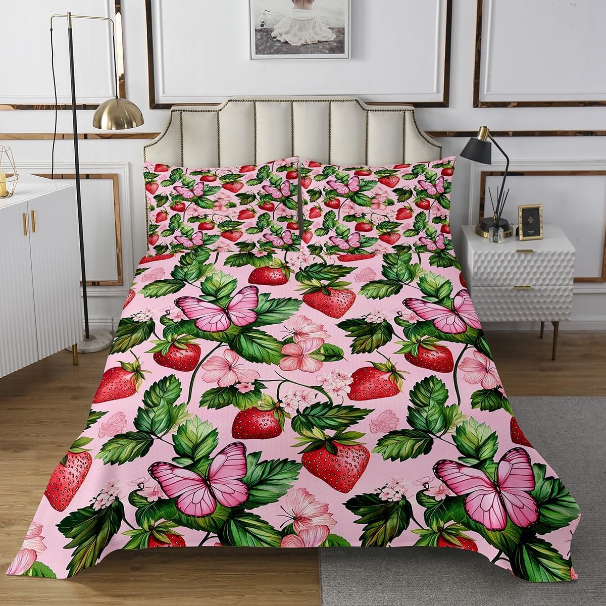 Homewish Watermelon Bedspread Twin Size,Ladybugs Summer Fruits Bedding Set for Kids Girls Boys Room Decor,Cool Tropical Holiday Theme Coverlet Set 2Pcs,Blue Plaid Wild Animal Quilt,1 Pillowcase