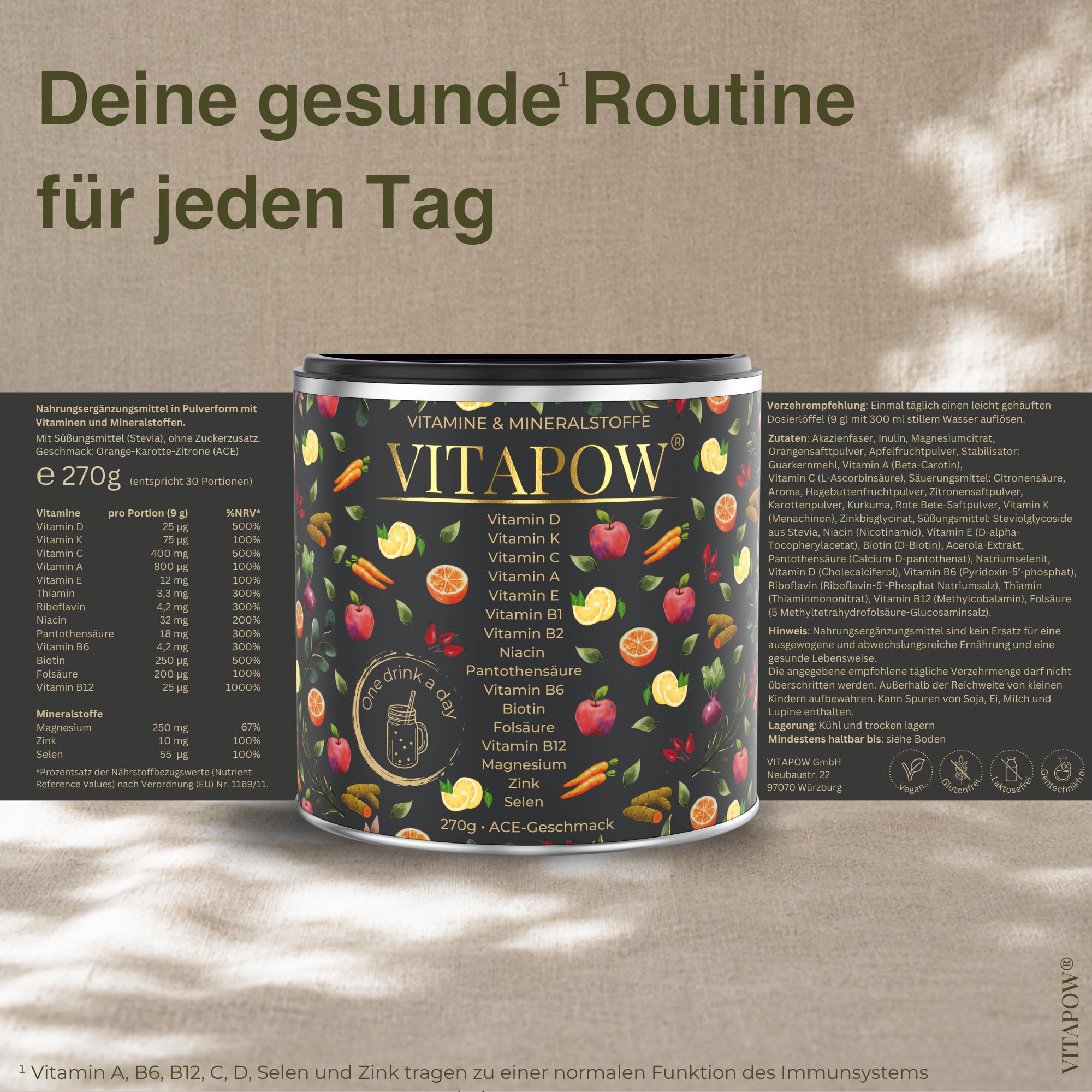 Multivitamin Pulver - Vitamine & Mineralstoffe - Immunsystem - Vitamine A-Z hochdosiert - Mikronährstoffe - vegan, ohne Zuckerzusatz, in Deutschland hergestellt - ACE-Geschmack - 30 Portionen