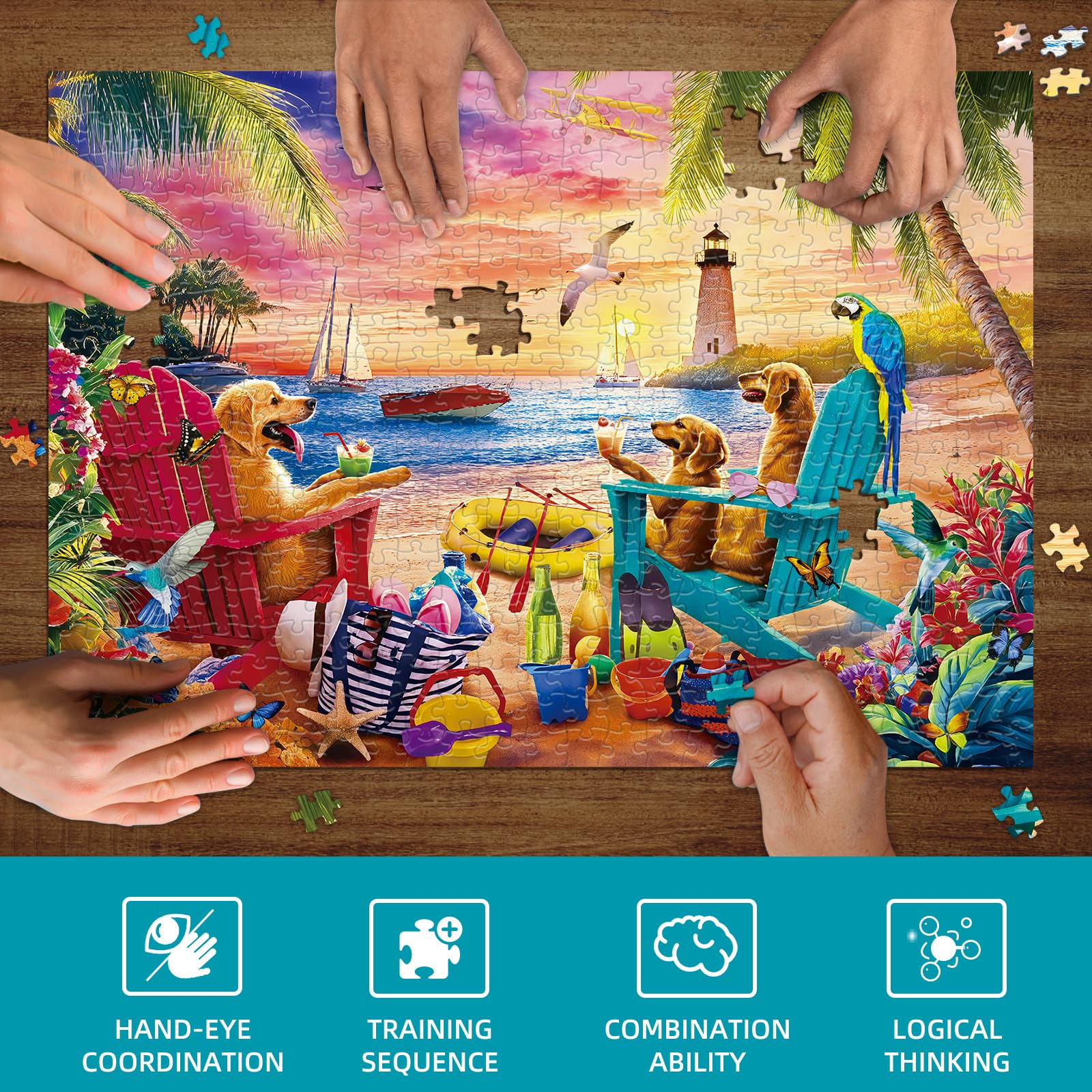 Sutinban Beach Party Puzzles 500 Pieces for Adults Ocean Seaside Dogs Happy Time 500 Piece Jigsaw Puzzles for Adults Gifts Theme: Beach Puppy - Image 3