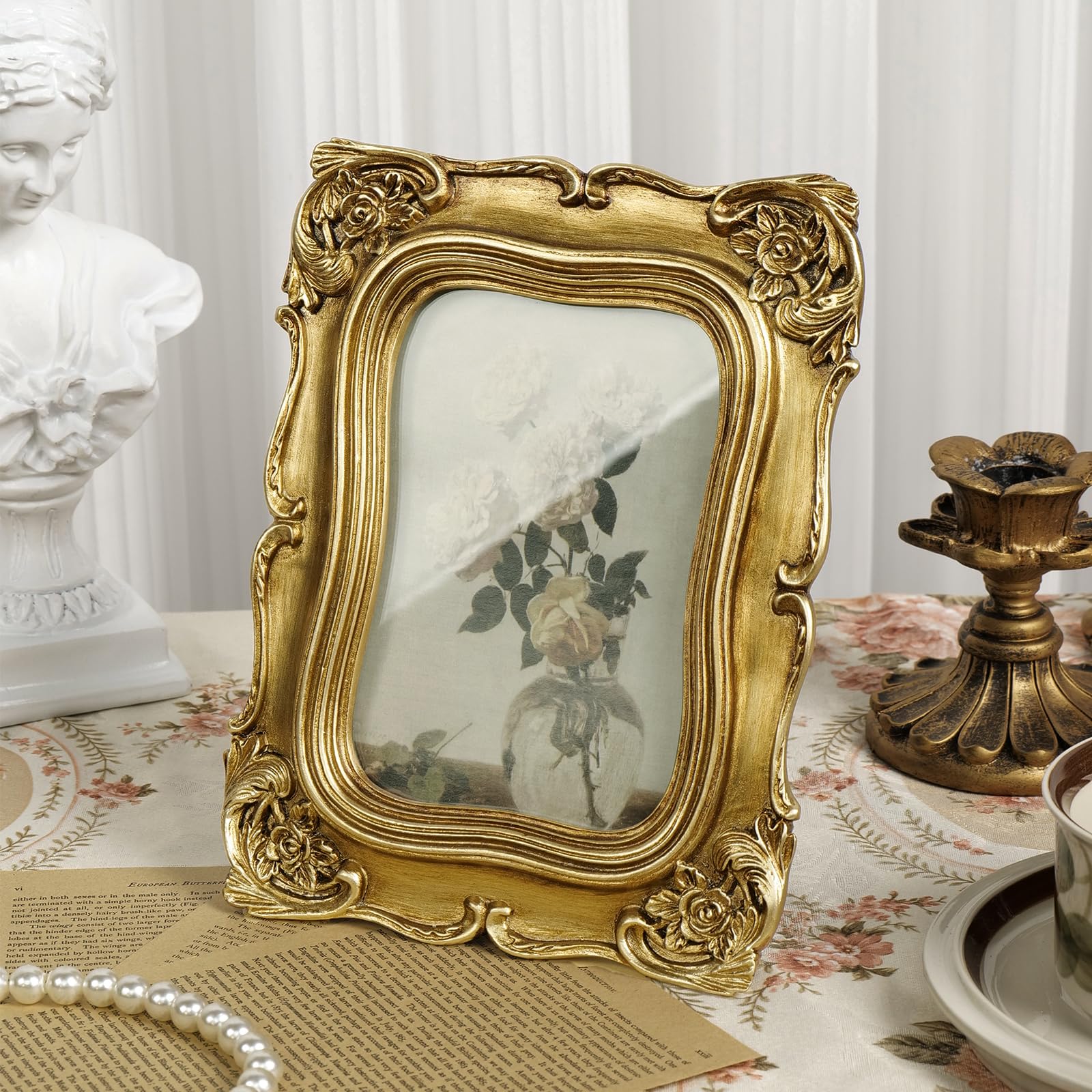 Cuspin - Cornice portafoto dorata da 12,7 x 17,8 cm, vintage, decorata con fiori in resina, vetro anteriore, da ripiano o da parete, elegante, idea regalo, decorazione per la casa