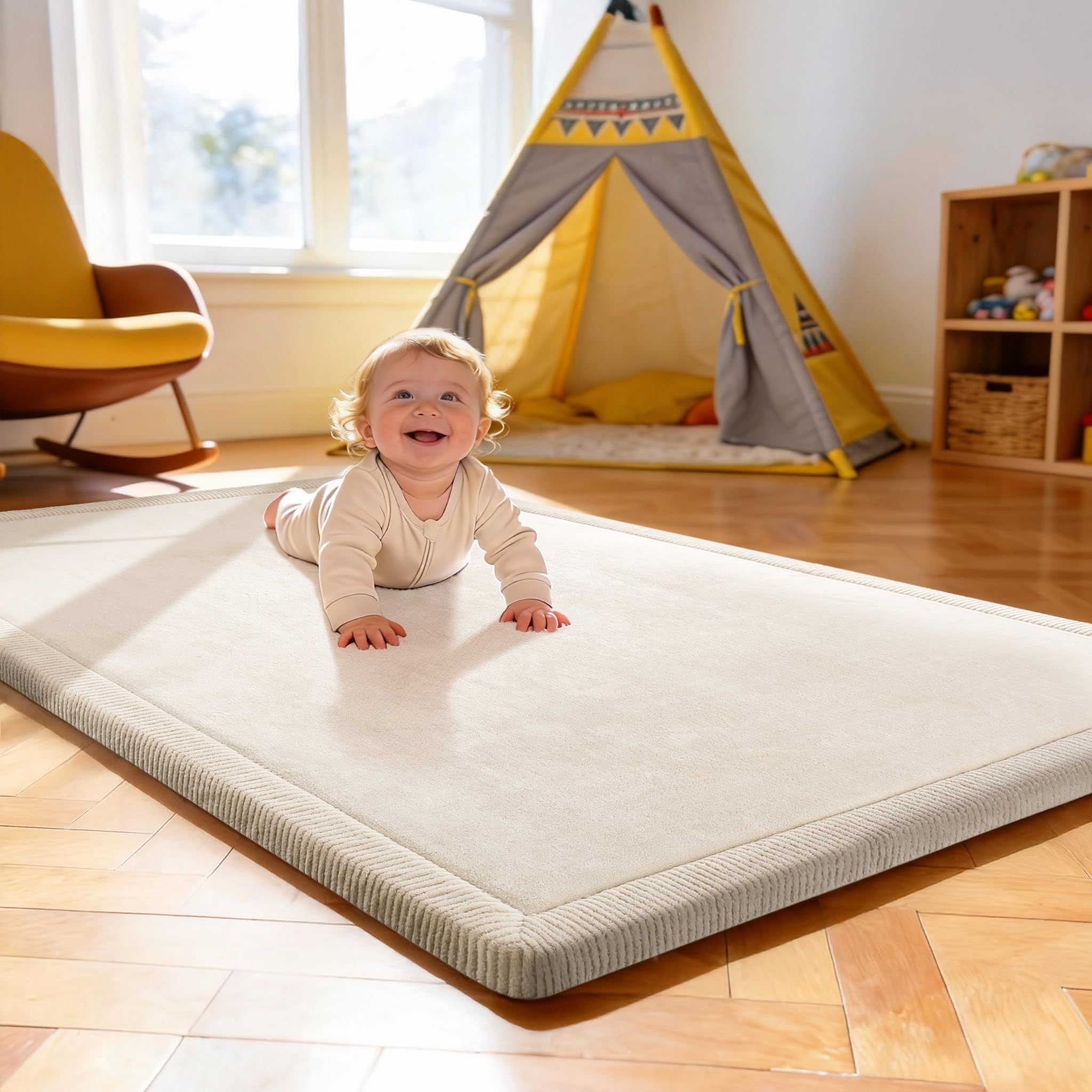 Treeboy Spielmatte Baby 80x150x2cm beige – Teppich für Kinderzimmer mit hochwertigem Memory-Schaum – Krabbelmatte Baby mit Rutschfester Unterseite – Krabbeldecke, Kinderteppich, spielteppich Kinder