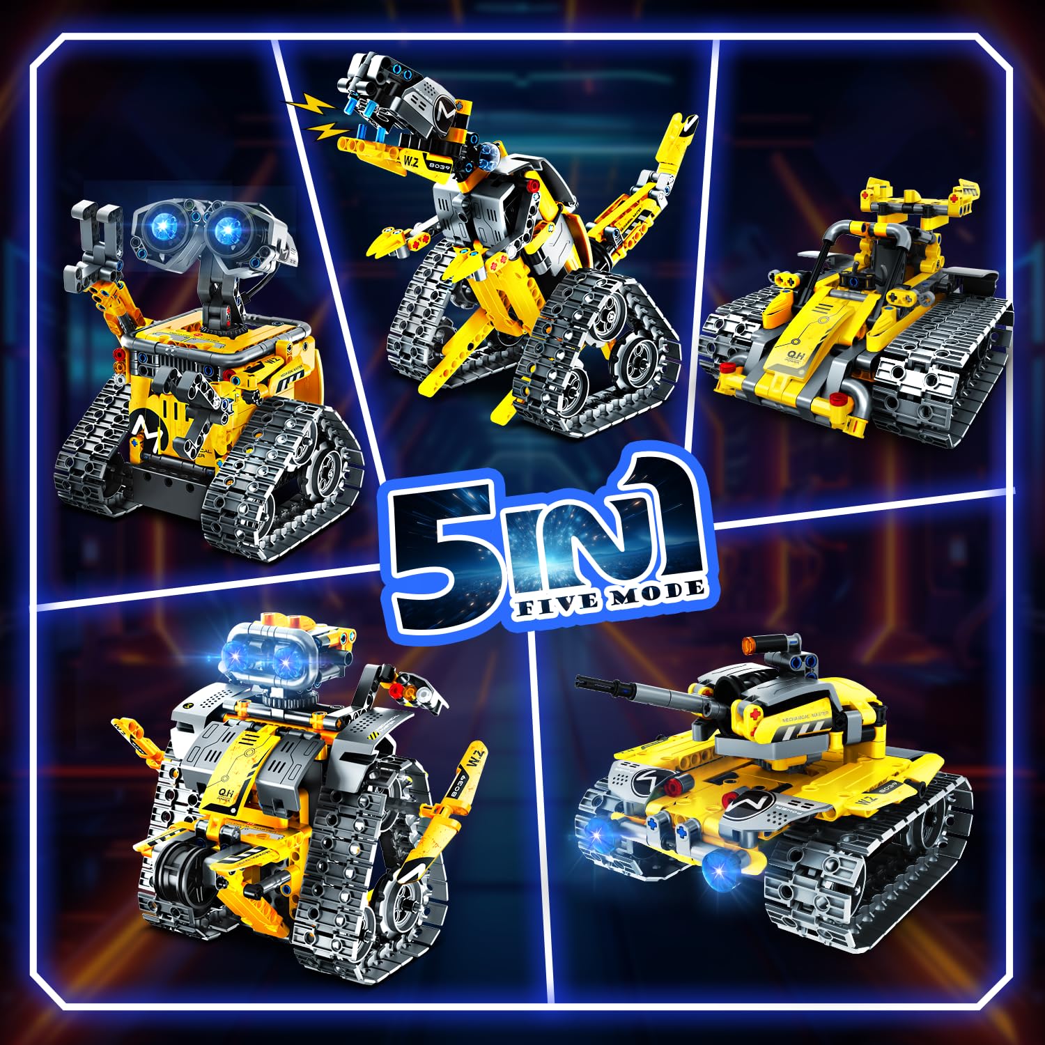 Plaxsoon - Robot de control remoto 5 en 1, juguete de construcción mecánica, 520 unidades con aplicación, modelo robot tanque coche dinosaurio, RC recargable, regalo cumpleaños niños 6-12 años