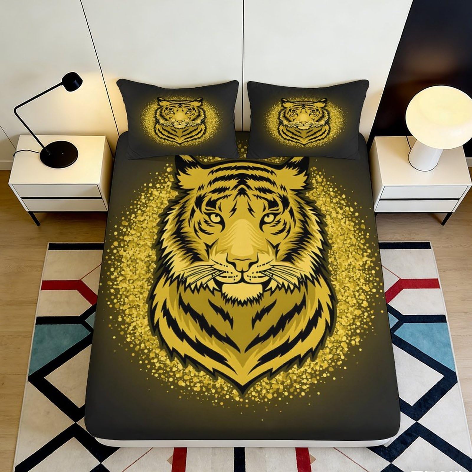 3D Printed Golden Tiger Fitted Sheet Microfiber Black Bed Cover for Bedroom Guest Room Mattress Decor 90x200x25cm