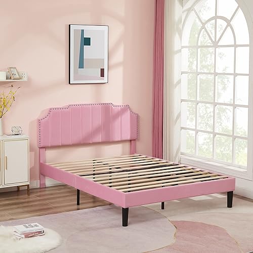 Miniatura 52 de VECELO Base de cama tamaño Queen tapizada con cabecera ajustable copetuda/base de colchón con soporte de listones de madera, fácil montaje, azul