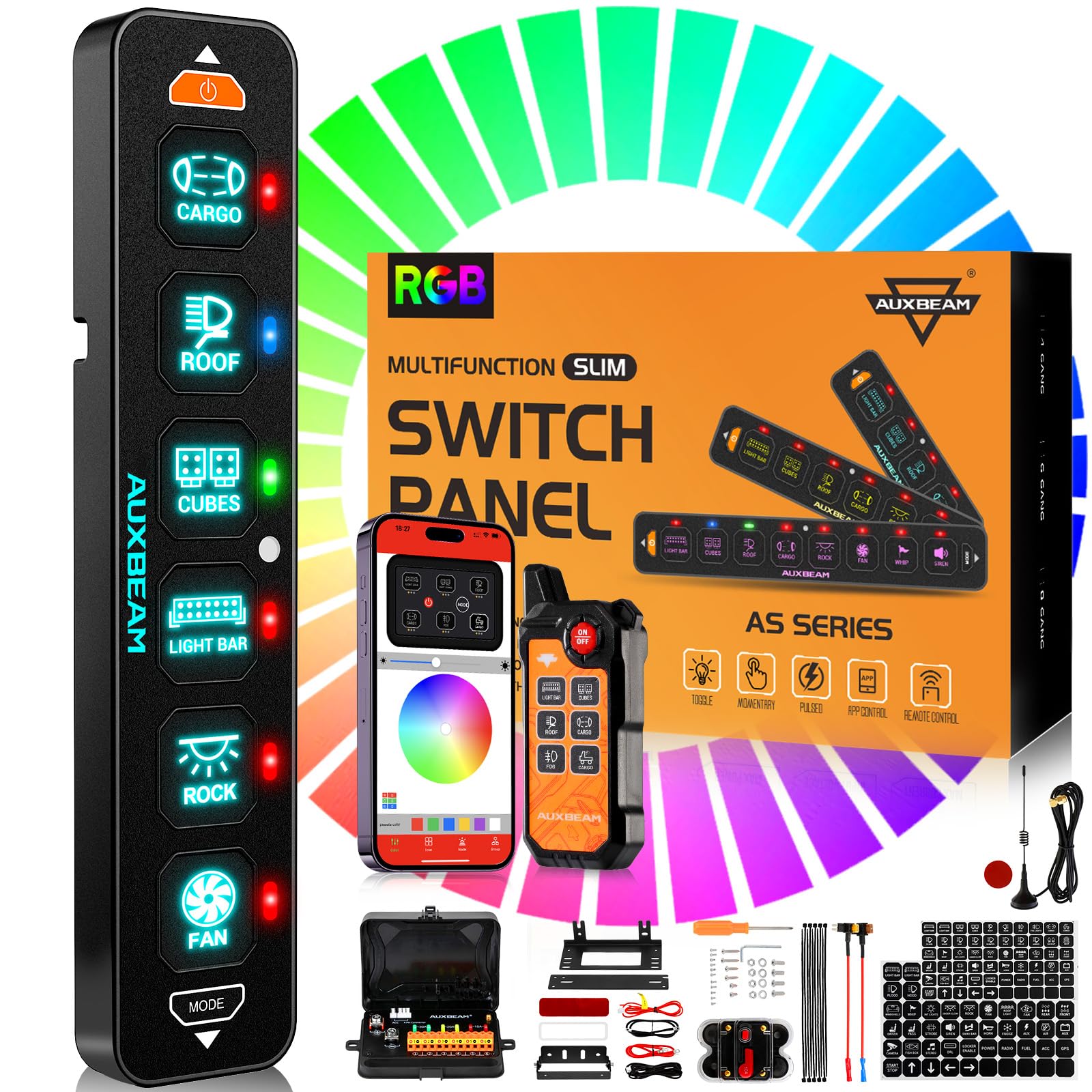 Auxbeam 6 Gang Slim Switch Panel Bluetooth RGB AS-600 with APP&Remote Control Toggle Momentary Pulsed Switch Pod Off Backlight for Truck Offroad UTV