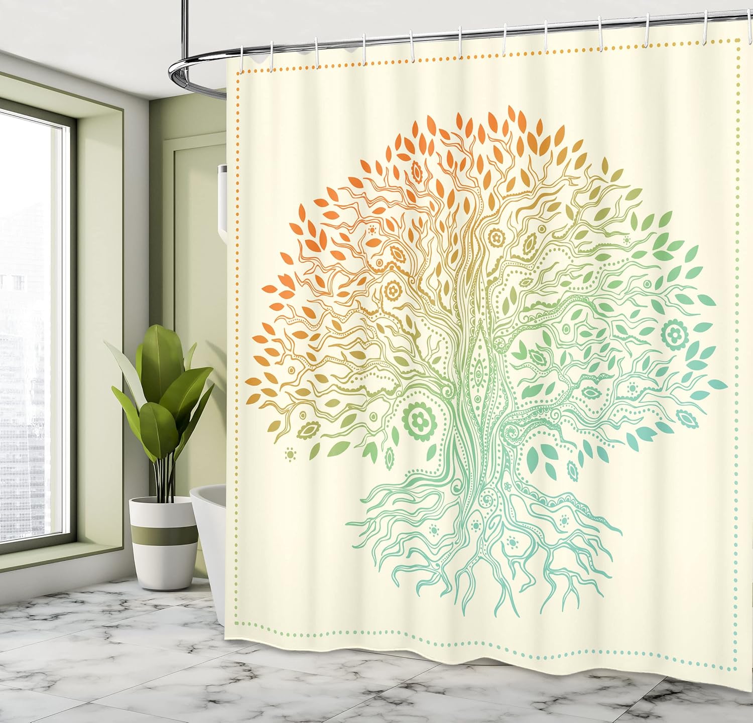 Ambesonne Tree of Life Shower Curtain, Vintage Tree of Life Pattern Tribal Cultural Mandala, Cloth Fabric Bathroom Decor Set with Hooks, 69" W x 75" L, Seafoam Orange