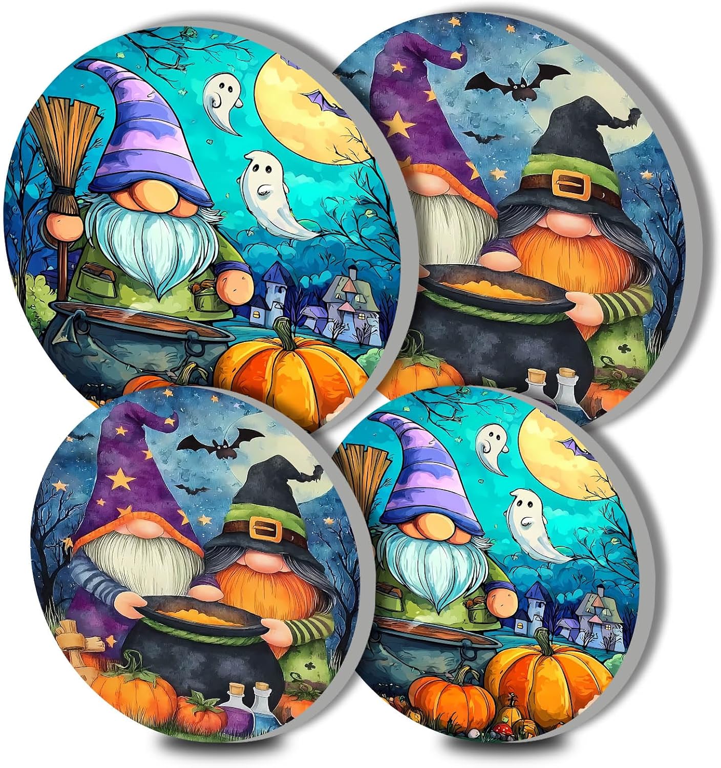 Halloween Gnome Art Electric Stove Burner Covers,4 Pcs Pumkin,Ghosts Stove Burner Covers,Two Dwarf Making Poison Stove Burner Cover,8 Inch and 10 Inch, Spooky Night Metal Cooktop Home Decorative
