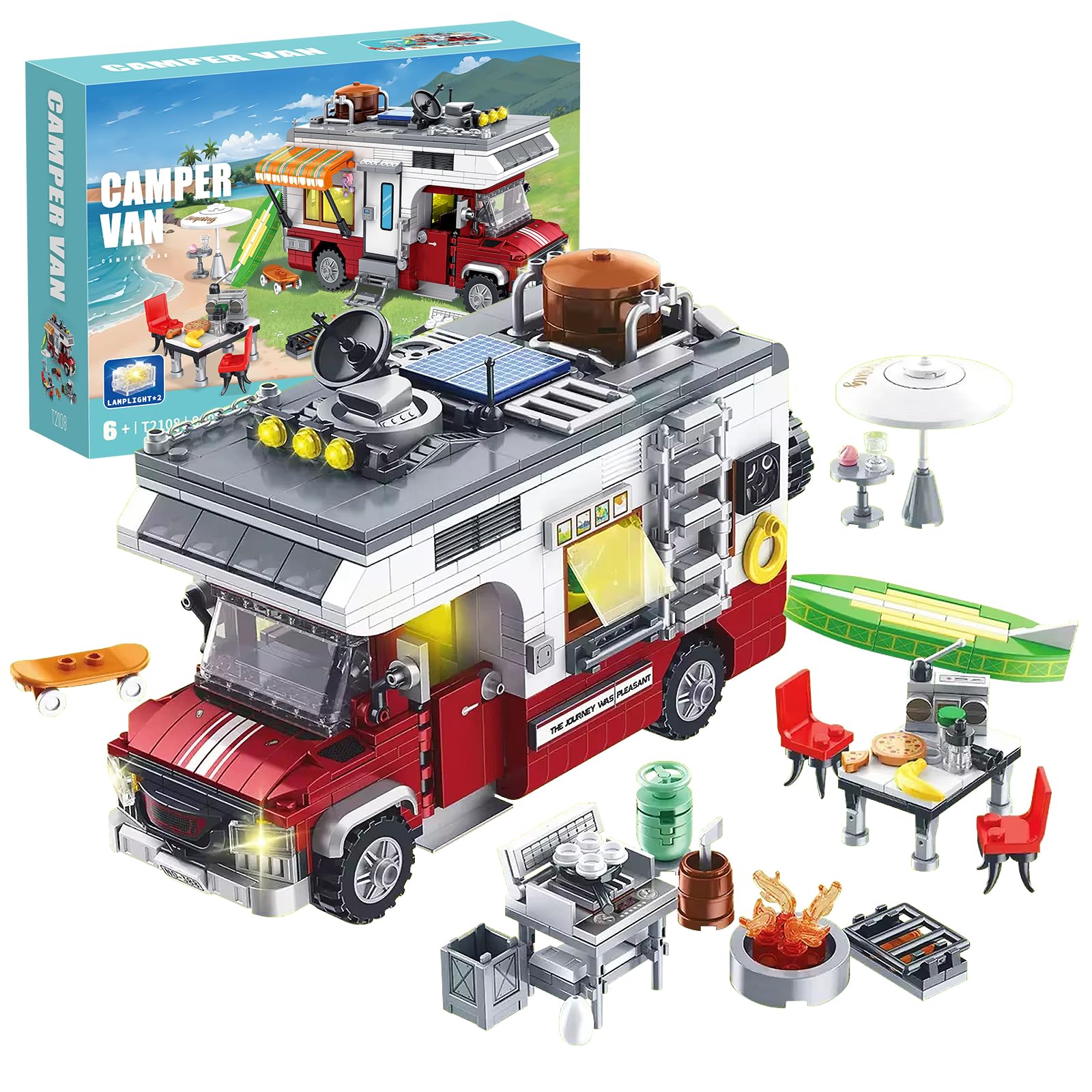 City Camper Van Toy Building Set, 880PCS Beach Holiday Adventure Rv Car Model,Modular Campervan + Mini Lights Building Blocks Holiday and Birthday Gifts for Adults and Teen 6+
