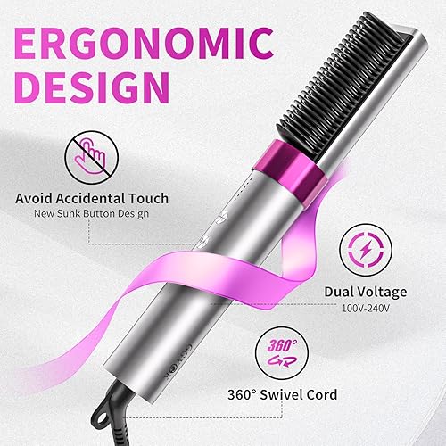 Miniatura 7 de Cepillo alisador de pelo de plasma, cepillo alisador de cerámica para mujeres, peine alisador de cabello térmico con doble voltaje, anti-quemaduras,