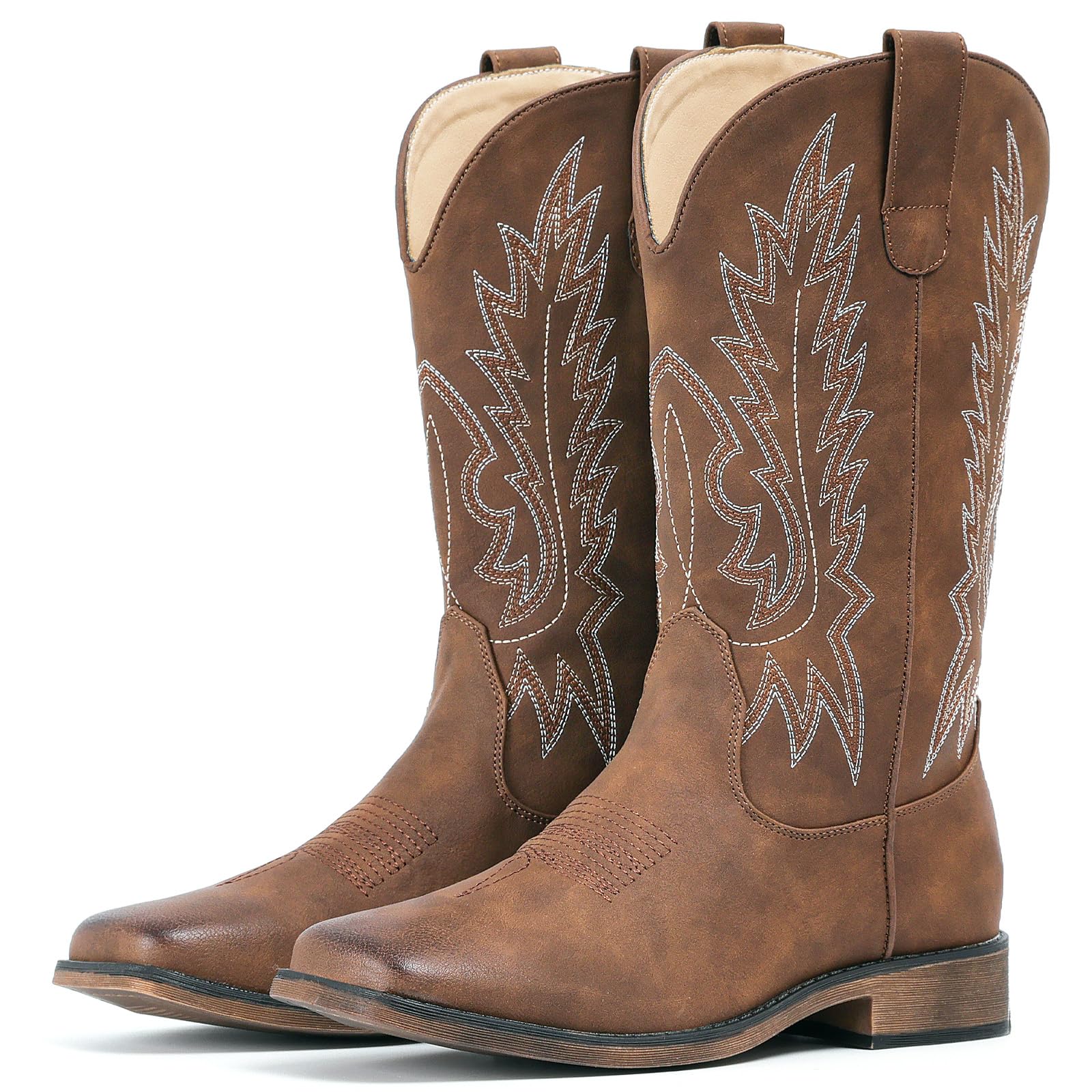 IUV Cowboy Boots For Women Square Toe Wide Western Boots Mid Calf Cowgirl Boots Pull On Embroidered Brown