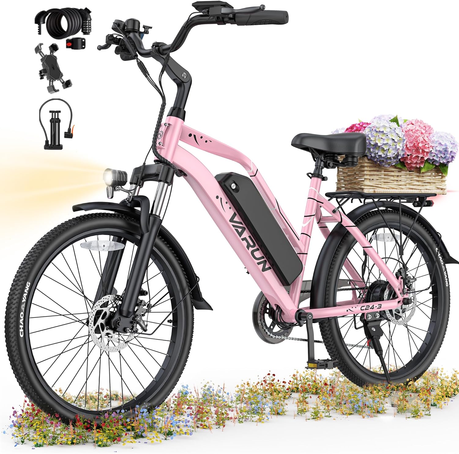 VARUN Electric Bike - Peak 750W E Bike Up to 40+Miles, 48V Removable Battery, Shock Absorber, 7-Speed and Dual Disc Brakes,Stylish 24" Cruiser E-Bike Suitable for Commuting Parent