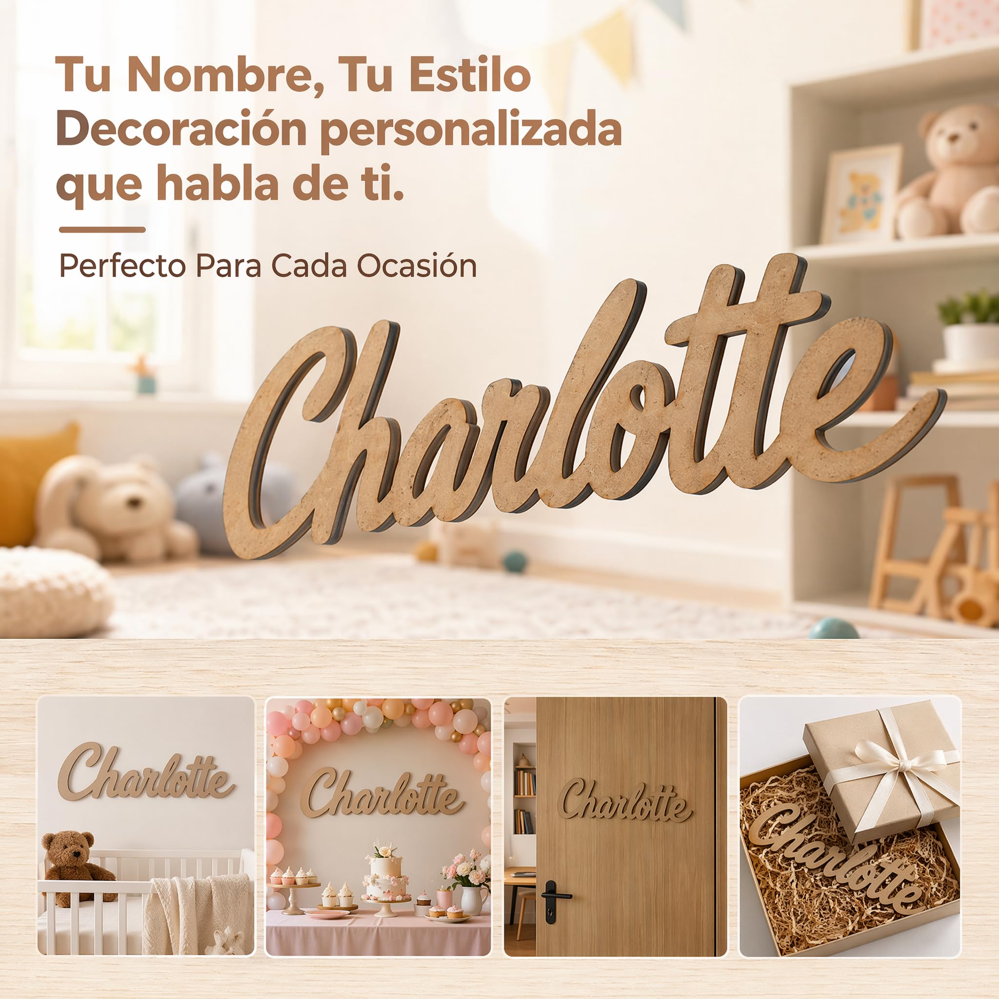 Nombre Personalizado en Madera para Pared y Puerta, Letras Decorativas para Habitación Infantil, Decoración de MDF o Contrachapado para Bebé, Niño y Niña, Regalo Original para Bautizo y Comunión
