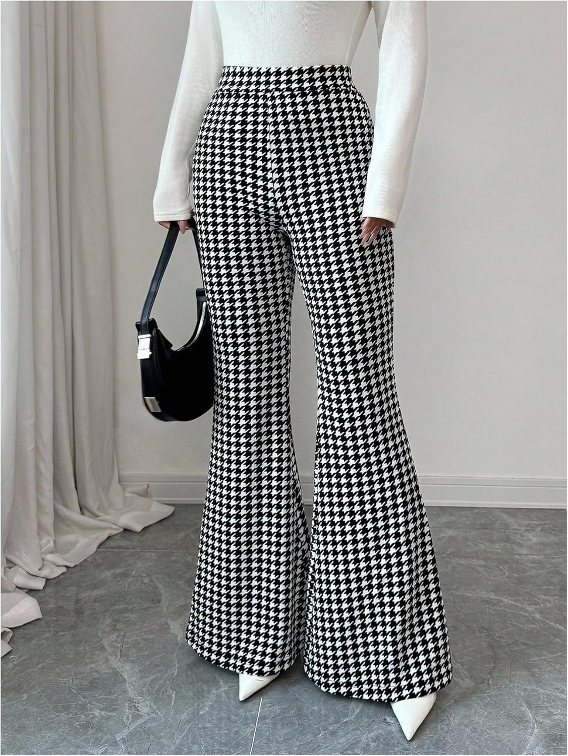SweatyRocks Women's Elegant Houndstooth Print Flare Leg Pants Business Work Pants Bell Bottom - Image 5
