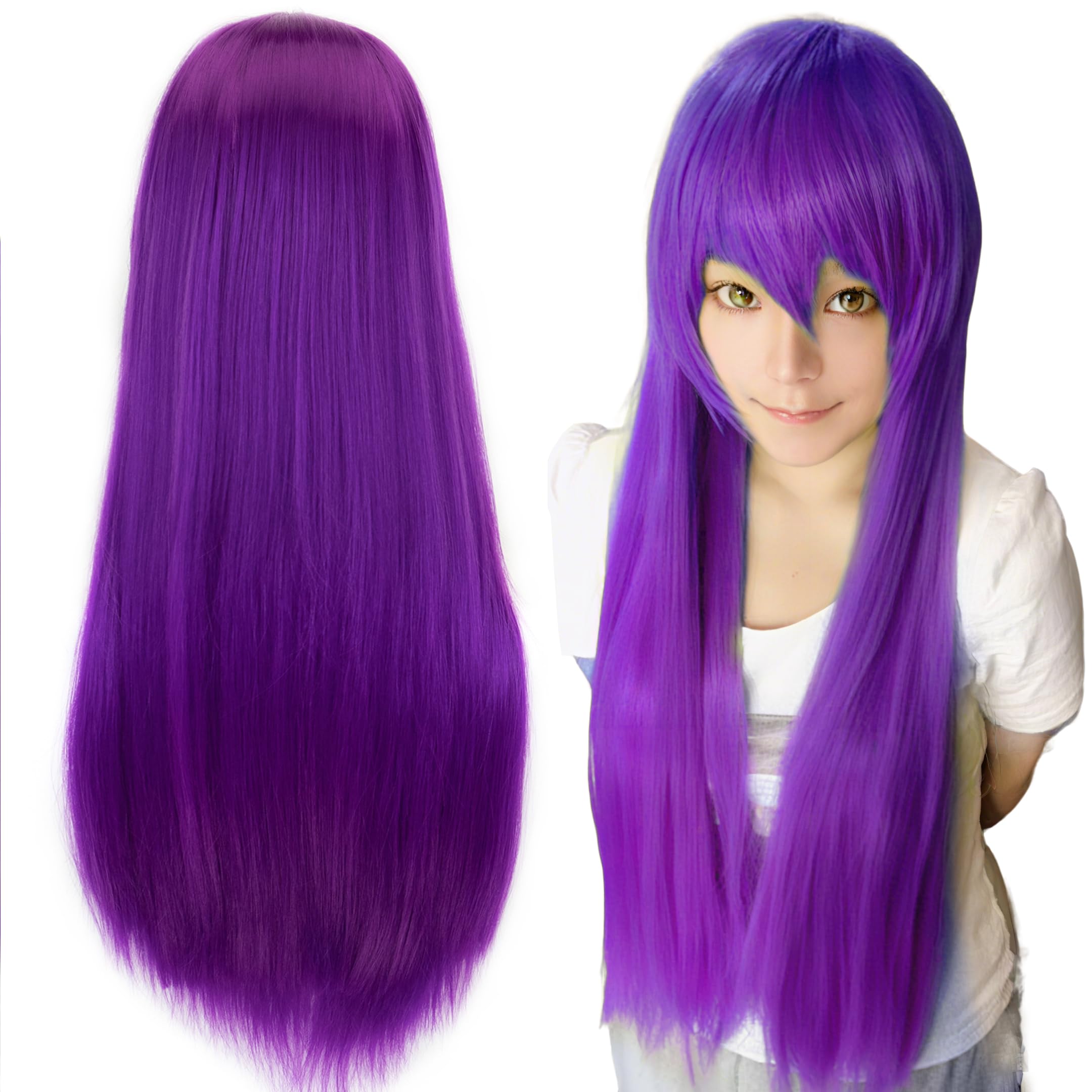 IMISSU 80cm Long Straight Natural Hair Cosplay Wigs with Bangs Colorful Halloween Costume Party Wig (Violet)