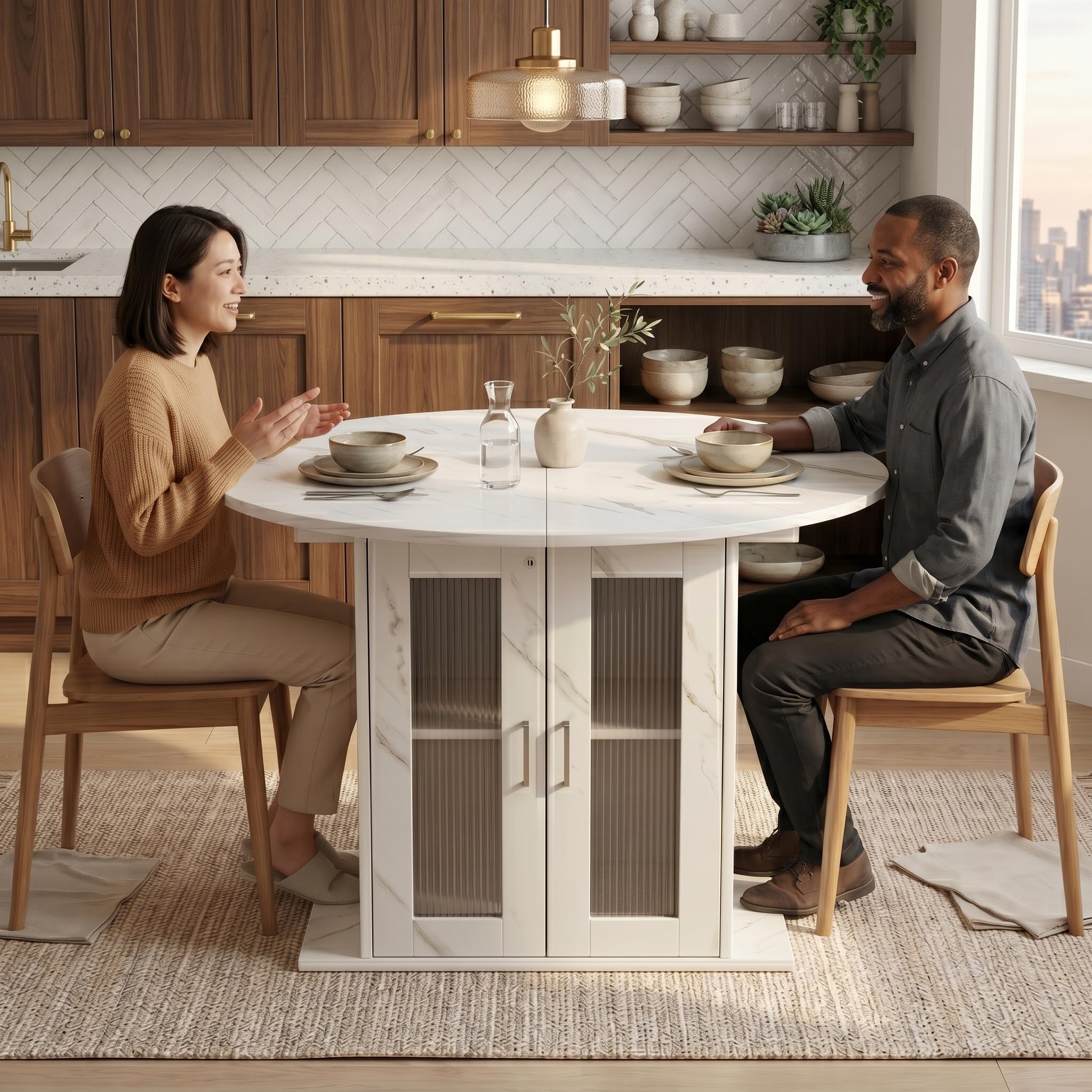 1 mesa de comedor extensible con almacenamiento para frigorífico, mesa de comedor redonda y ovalada para 4 – 6 personas, estable y ahorra espacio, para cocina, comedor y sala de estar (blanco, 100-140