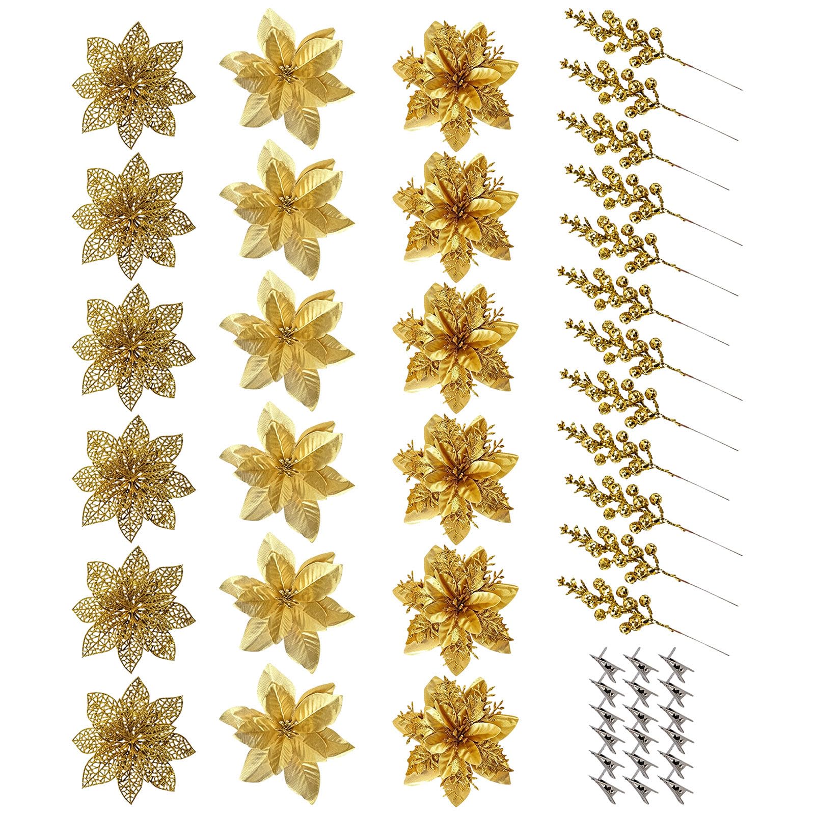 Holiday Poinsettia Ornament Clips, Glittered Fabric Floral Set for Mantels, Doorways, Trees, Retail Display Use Clip on Poinsettia Decorations Holiday Flower Clips Wreath Tree Mantel Doorway Wall Shop