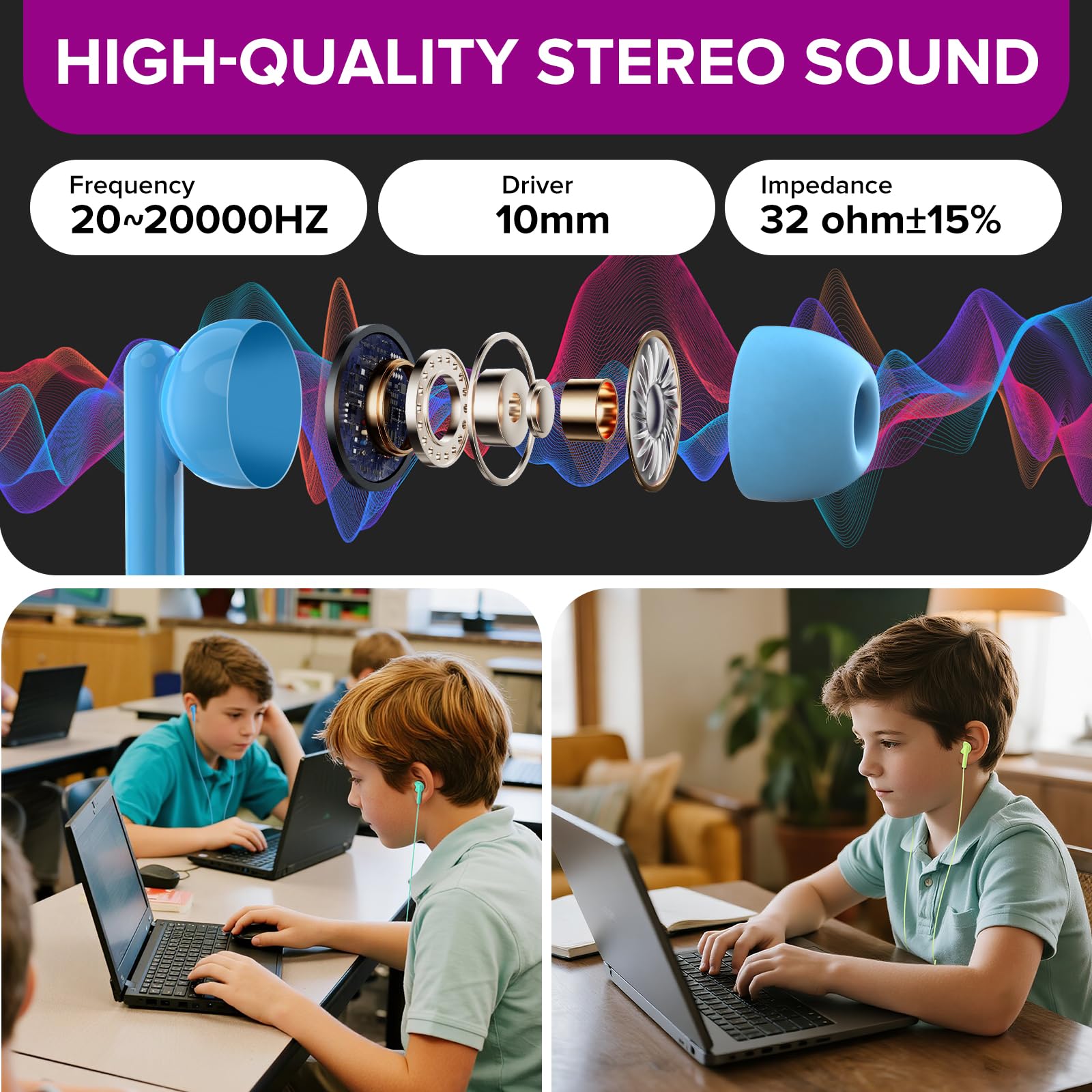 Confezione da 50 auricolari per bambini, per scuola, scuola, all'ingrosso, cablati, con jack da 3,5 mm, per bambini, ragazzi, ragazze (HTC003, colori misti)