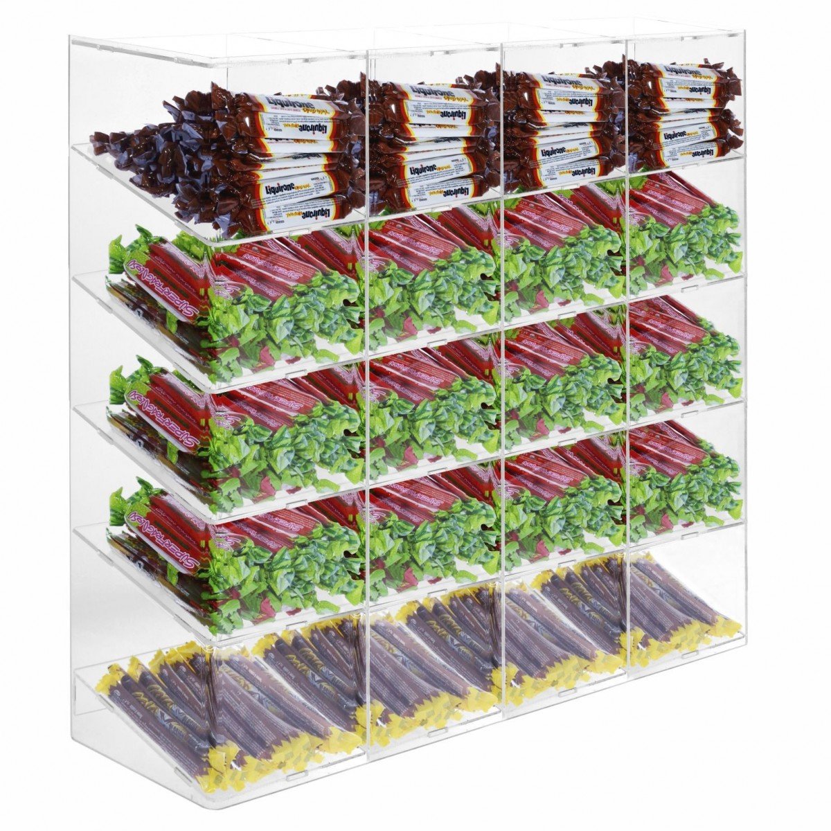Porta caramelle confezionate in plexiglass trasparente a 20 ripiani Misure: 61x18x H60 cm