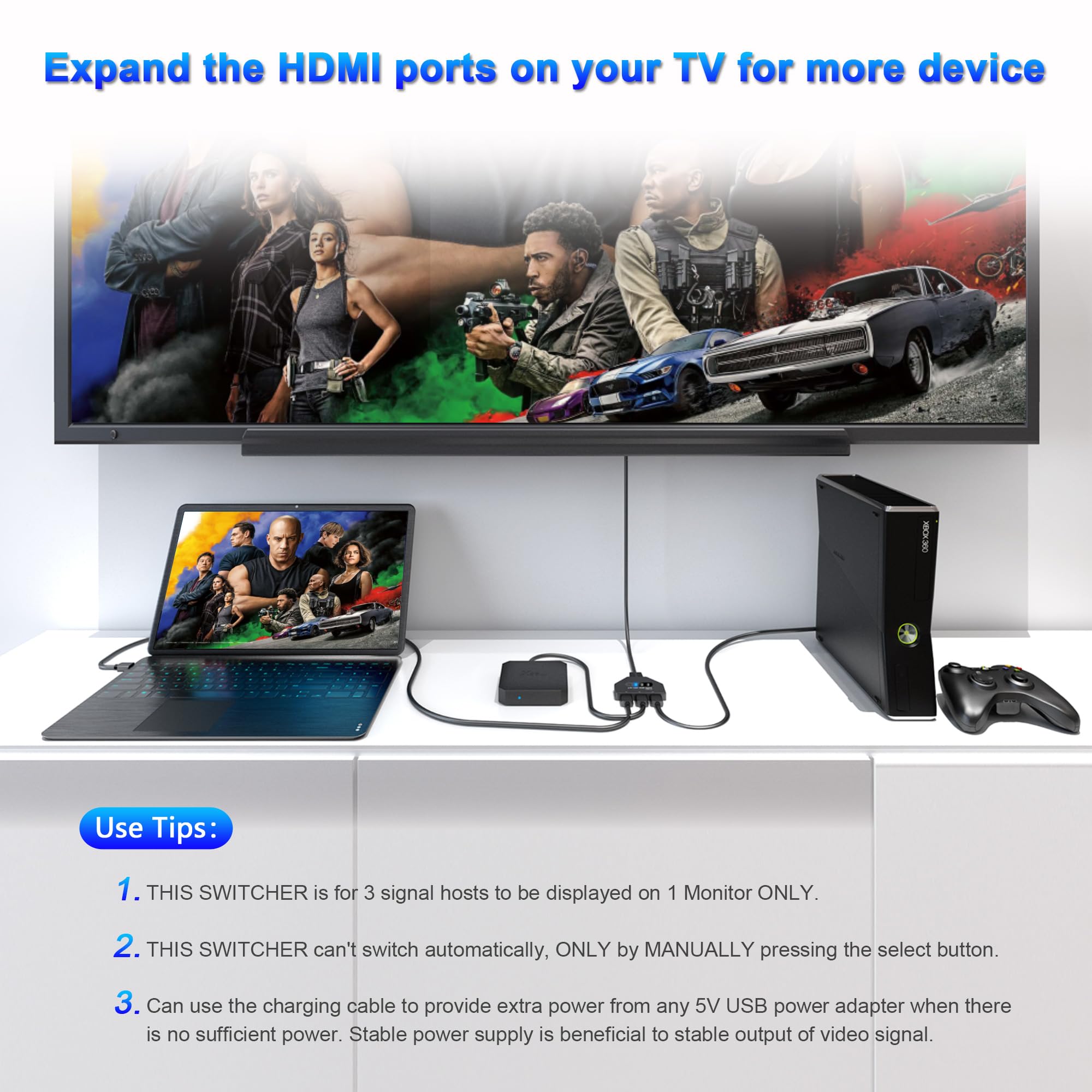 Conmutador HDMI 3 en 1, 4K a 30 Hz, 3 puertos, conmutador HDMI compatible con Full HD 1080P 3D, compatible con Roku Fire TV Stick HDTV PS4/PS5 Xbox One Chromecast, compatible con Mac/Win/Linux