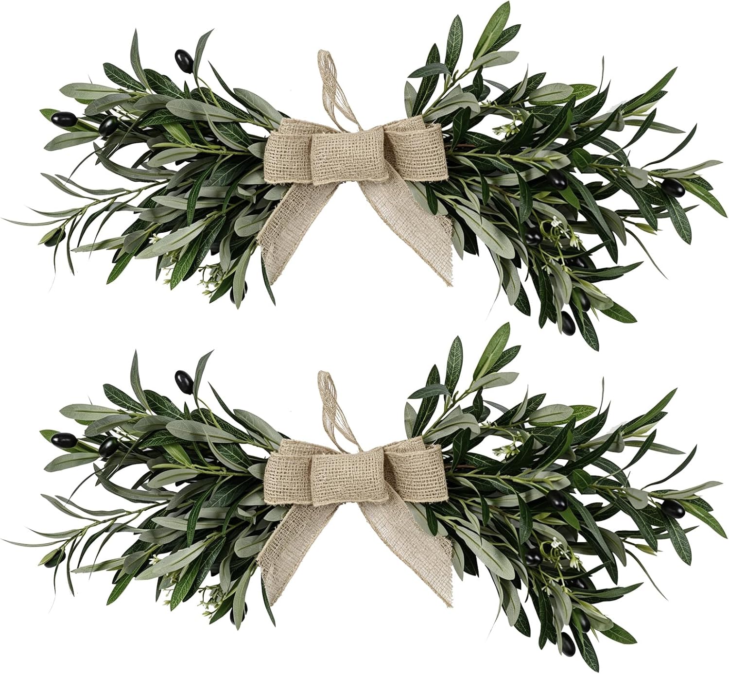 24" Handmade Olive Wreaths for Front Door, 2-Pack Artificial Olive Branch Swag with Olive Fruit/Green Leaves/Flowers, Realistic Greenery Swag for Indoor & Outdoor Decor