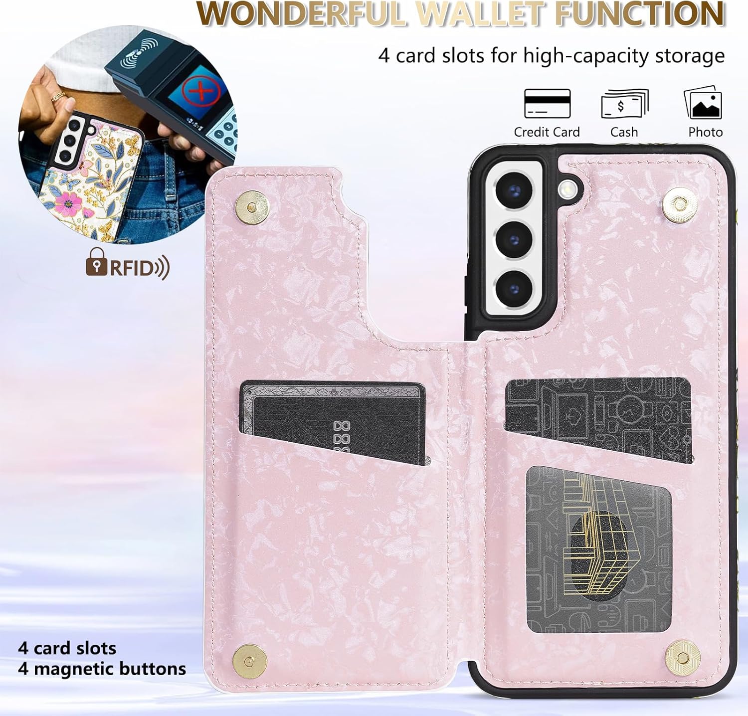 NNH Compatible with Samsung Galaxy S22 Wallet Case with RFID Blocking Card Slots Flip PU Leather Kickstand Double Magnetic Clasp Design Cover for Galaxy S22(6.1 inch-Colorful Butterfly Flowers) - Image 2