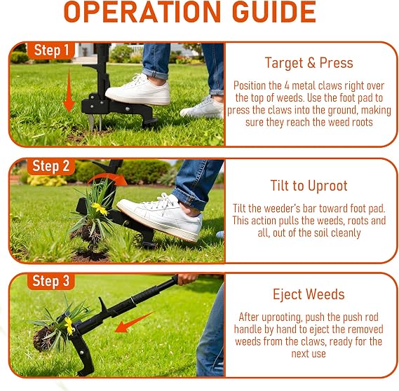 Weed Remover Tool with Adjustable Length, Stand up Weed Puller Root Remover with 4 Claws, Heavy Duty Weeder Tool for Garden Yard Lawn, Weeding Tool for Dandelion, Orange, 92-115CM