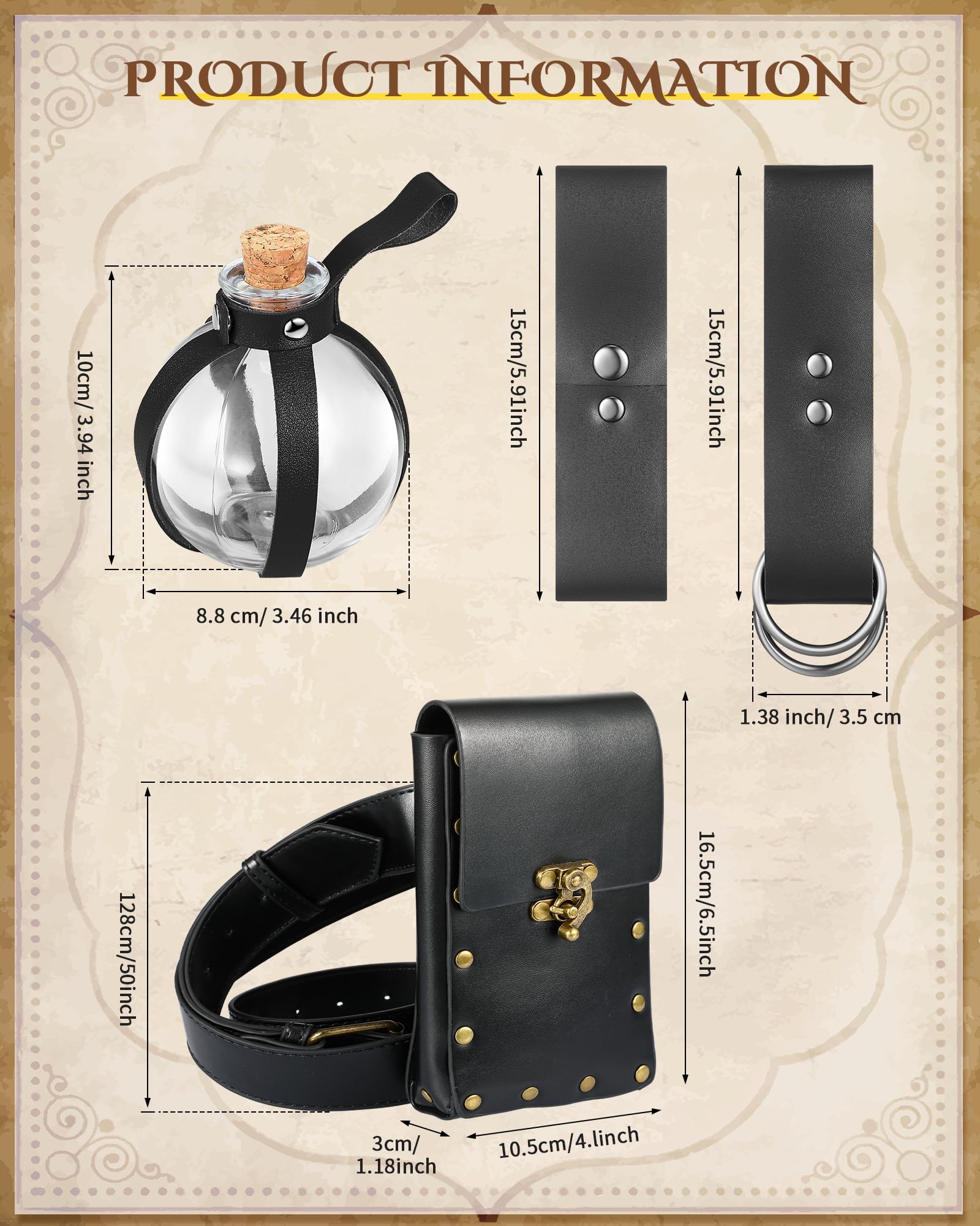 Sweetude 5 Pcs Renaissance Belt Pouch Waist Bag Medieval Skirt Hike Strap Cork Potion Bottle for Halloween Cosplay Party(Black)