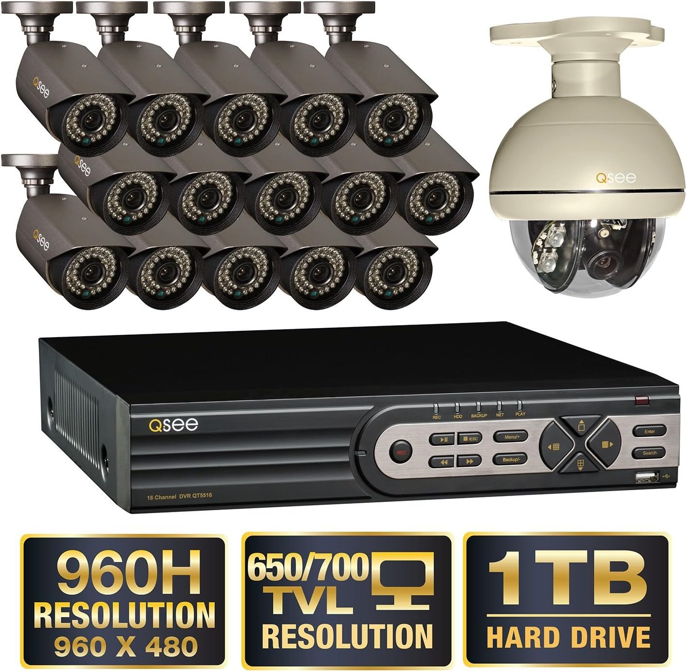 Q-See 16 Channel 960H Security System with 15 High-Resolution 700TVL Cameras, 1 Pan-tilt Camera and 1TB Hard Drive