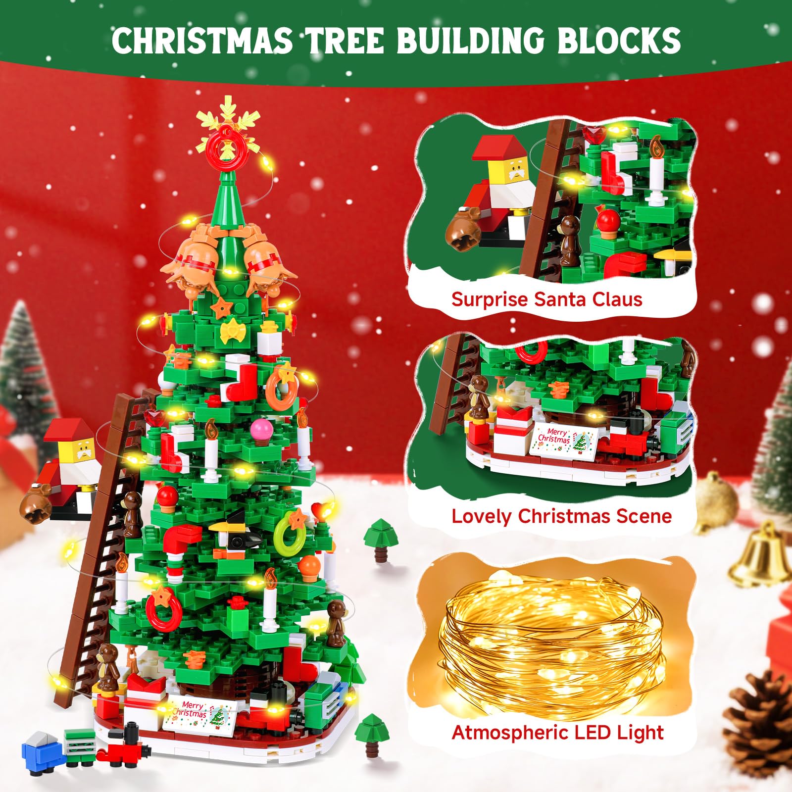 PITMT Calendario Avvento 2025 Bambini, 24 Giorni Calendario dell'Avvento Blocchi da Costruzione Albero di Natale con Luce LED, Calendario dell Avvento Giocattoli Regalo di Natale per Bambino Bambina