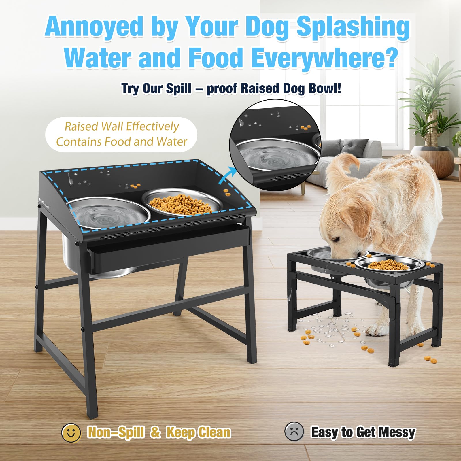 Cuencos elevados para perros grandes, juego de cuencos elevados de 15 pulgadas de alto para alimentos y agua con soporte, diseño de metal completo a prueba de derrames y cuencos de acero inoxidable