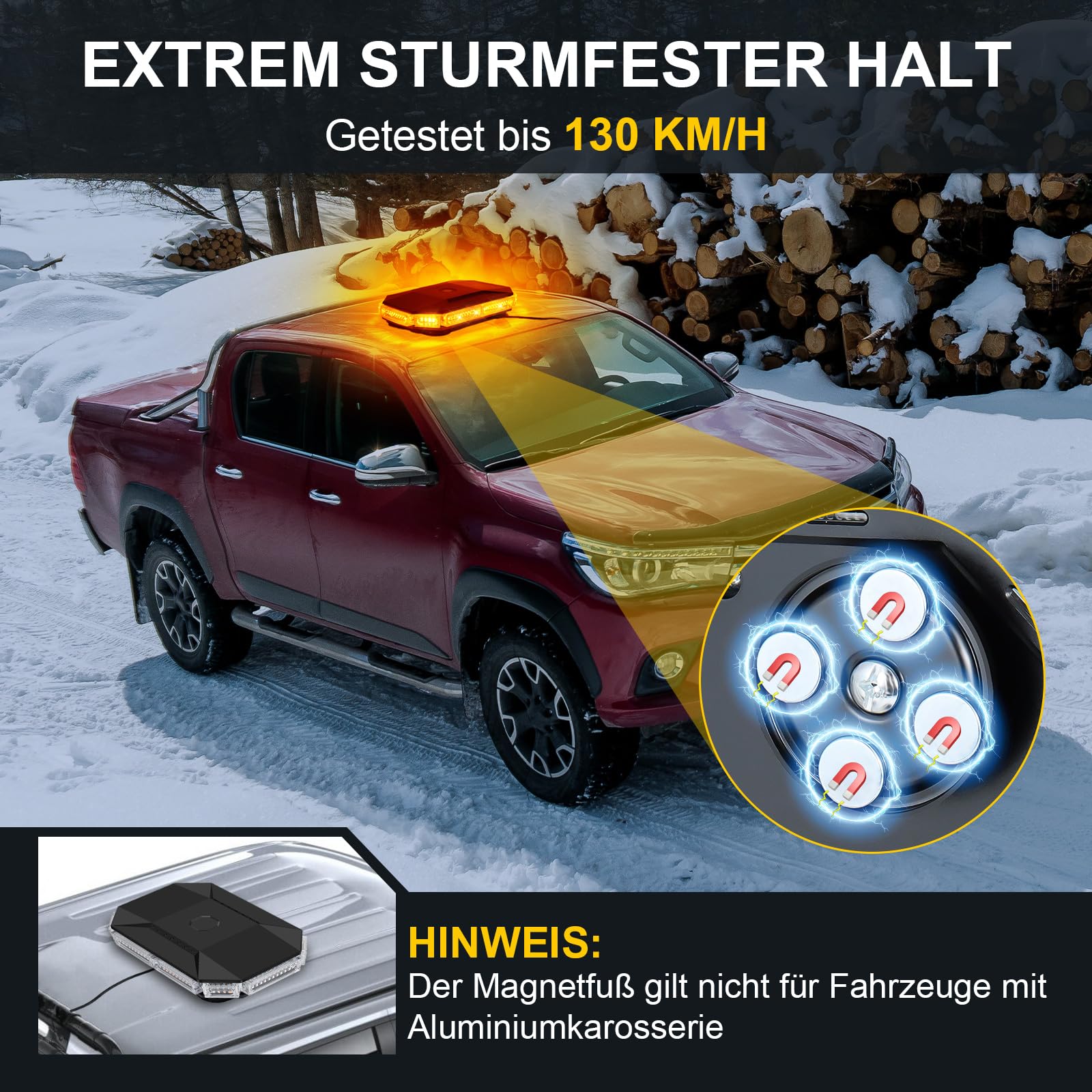 LED Rundumkennleuchte Gelb mit Magnetfuß, 12V 24V Auto Signalleuchte | IP65 Wasserdicht, 20 Blitzmodi, 4,8m Kabel mit Stecker, Für Baufahrzeuge & Traktoren