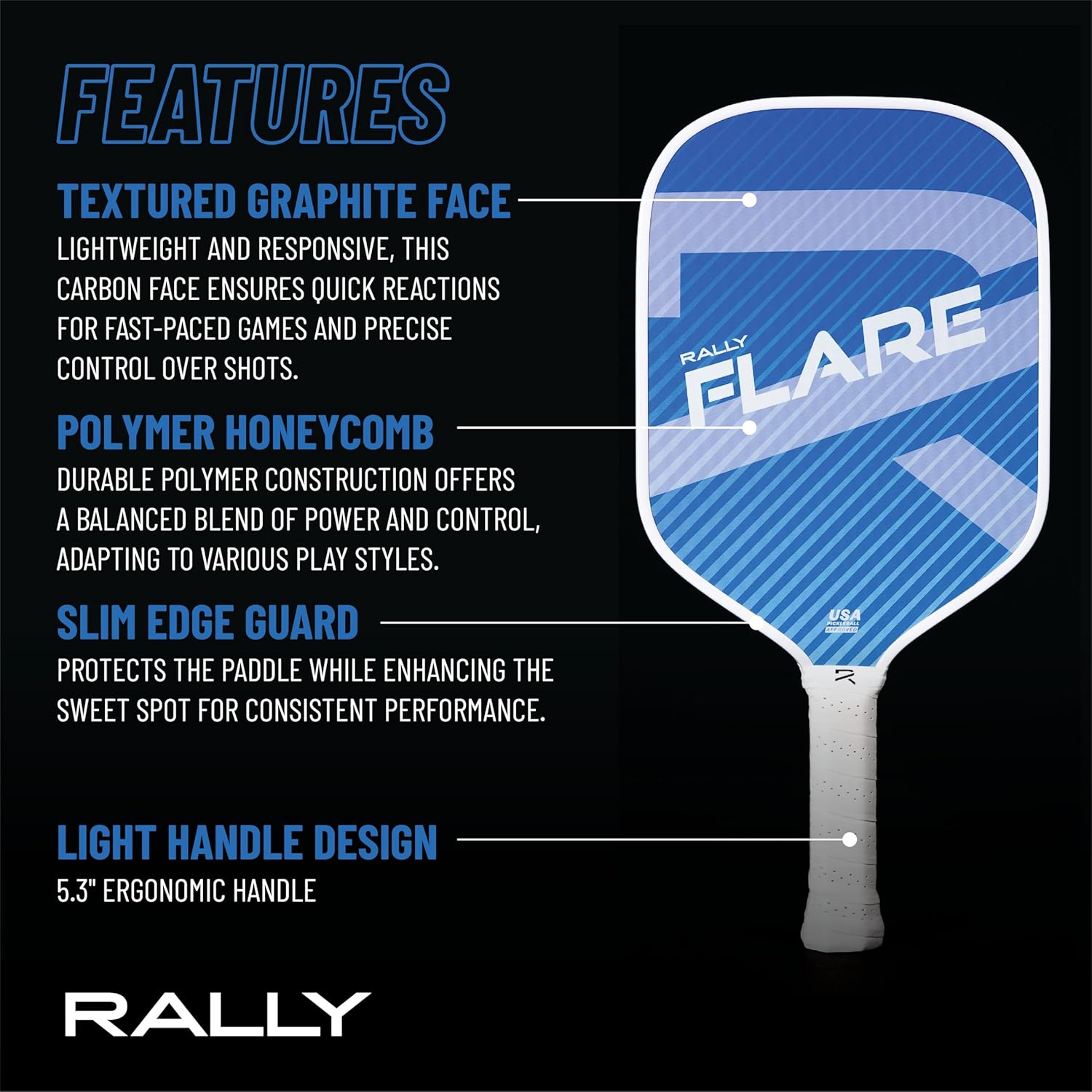 Rally Flare Graphite Pickleball Paddle – 2025 & Original Versions | Lightweight Design, Durable Polymer Core, Carbon or Graphite Face, USAPA Approved