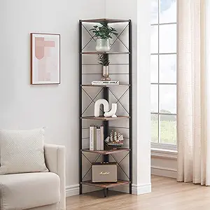 6-Tier Corner Shelf, Industrial Corner Bookshelf with Metal Frame, 71" Tall Corner Shelf Stand Display Rack, Corner Bookcase for Samll Space, Home Office, Living Room, Rustic Brown