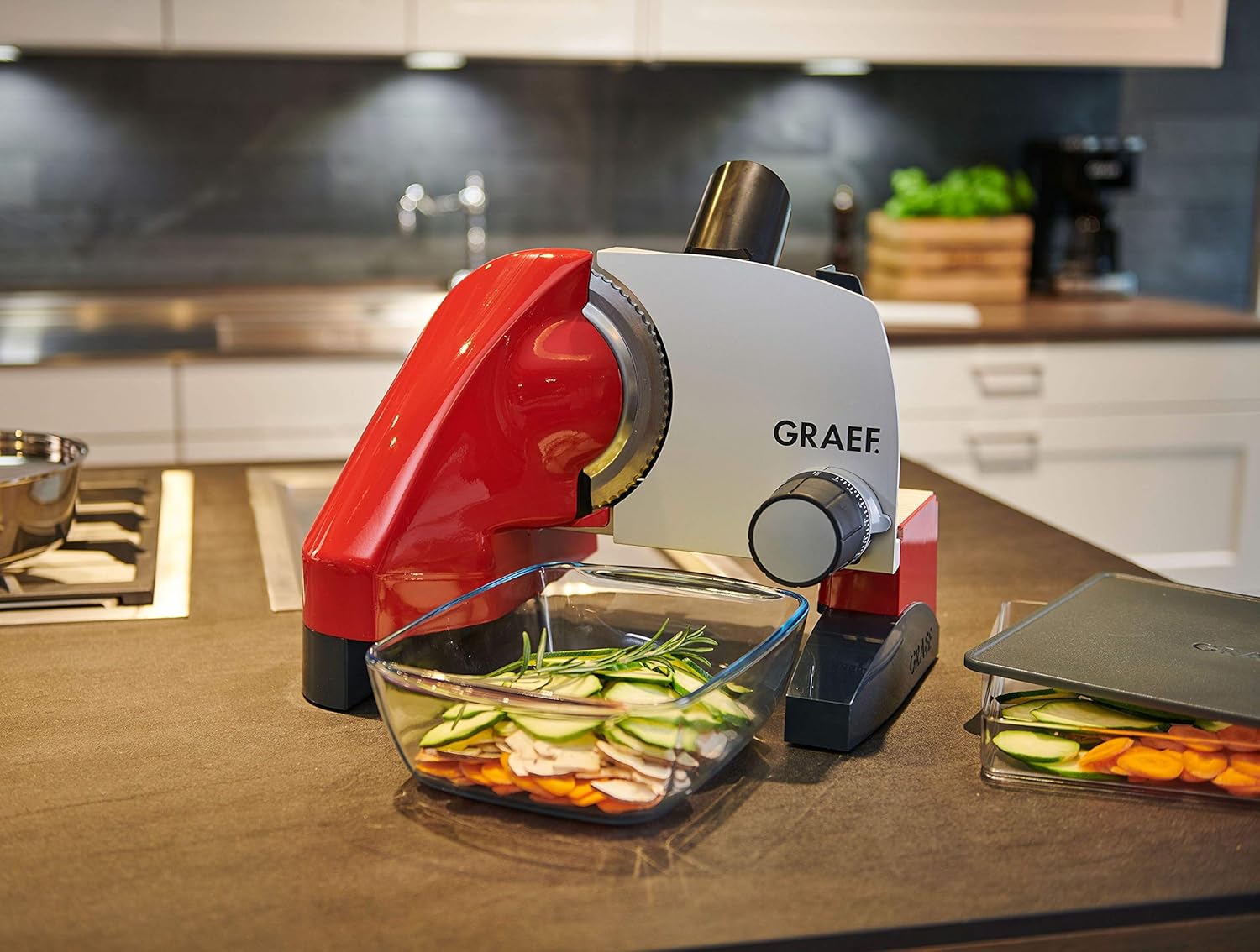 GRAEF SKS500 All-Slicer Silver with Stainless Steel Serrated Blade Diameter 170 mm, Raised Design, Continuous Cutting Thickness Adjustment, Child Lock, One-Hand Operation, MiniSlice Attachment
