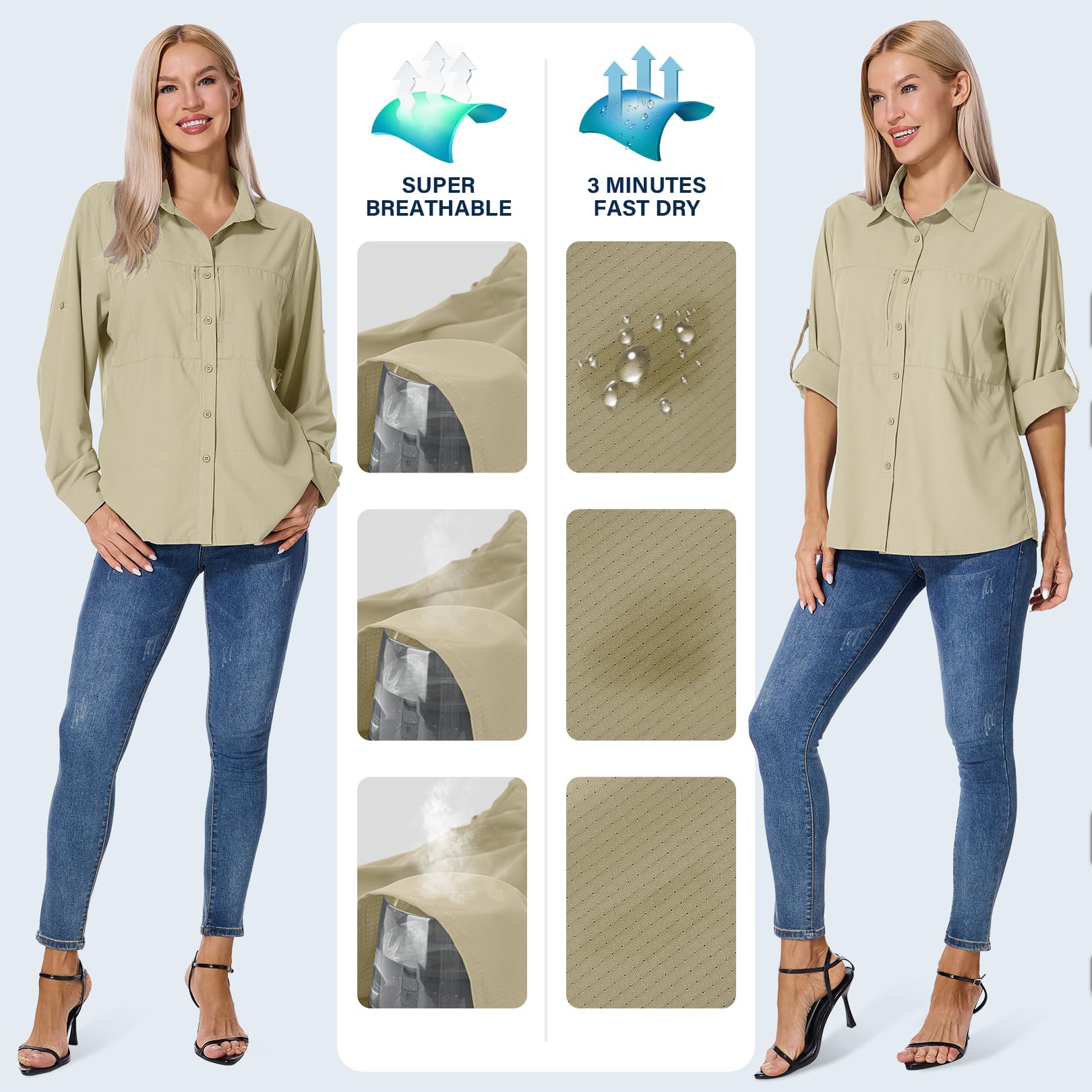 Camicia da donna con protezione UV UPF 50+, abbigliamento safari, camicetta da escursionismo, traspirante, ad asciugatura rapida, protezione solare, a maniche lunghe