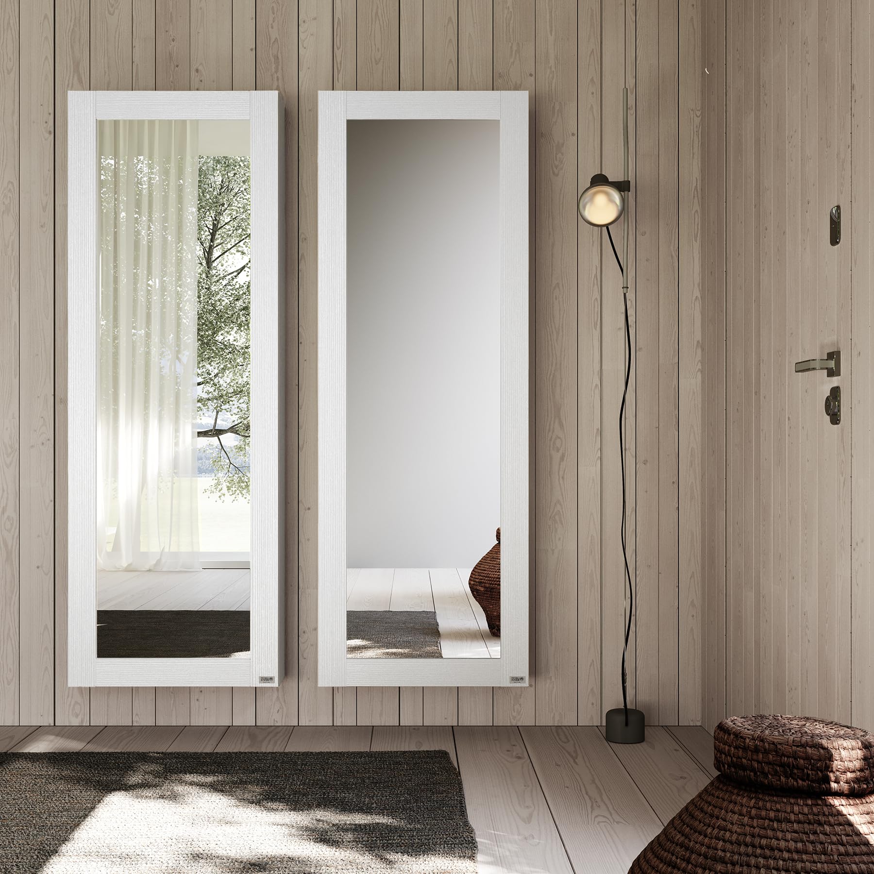 MOBILI FIVER, Zapatero con Espejo suspendido Rachele 170x60 cm, Fresno Blanco, Made In Italy