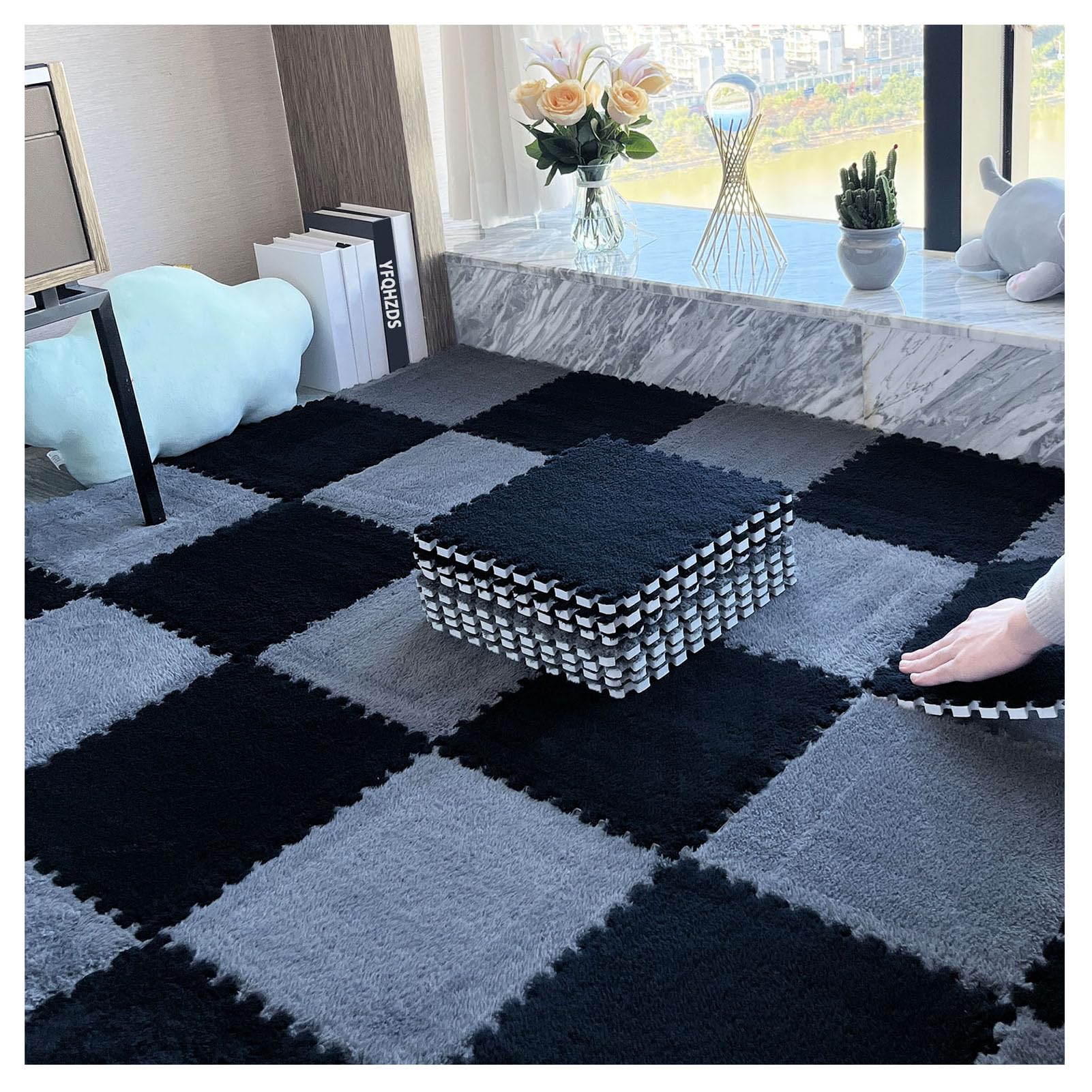 20 Pezzi di tappetini Puzzle a Incastro - Piastrelle per Pavimento in Morbida Schiuma per Sala Giochi e Arredamento Domestico, Grigio e Nero, 122 x 152 cm, Spessore 0,58 cm, Soluzione per pa