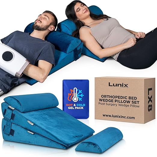 Lunix 4pcs Orthopedic Bed Wedge Pillow Set, Post Surgery Memory Foam for Back, Leg, and Knee Pain Relief, Adjustable Sitting Pillow for Sleeping, Acid Reflux, and GERD, with Hot Cold Pack, Blue