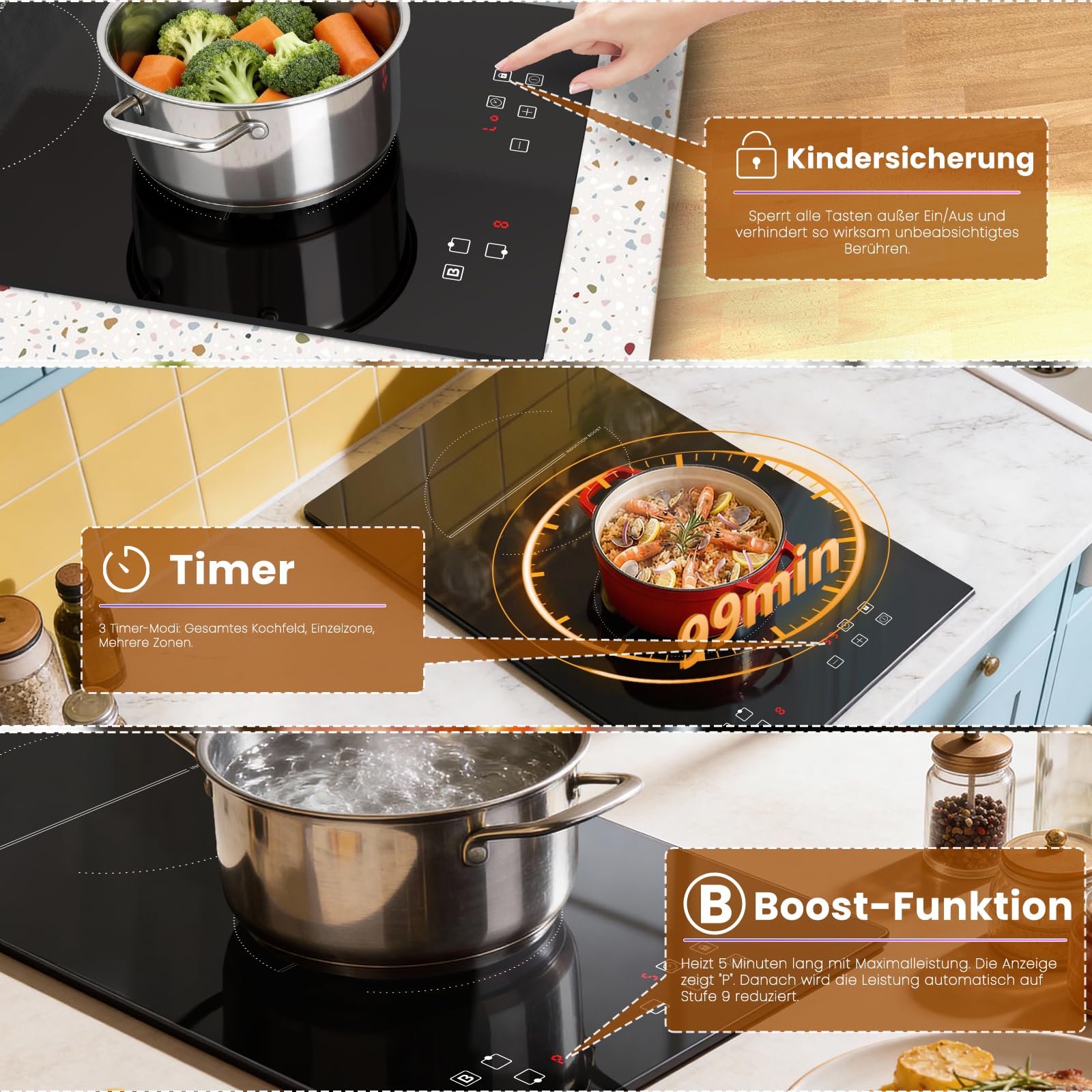 Induktionskochfeld 2 Platten, Induktionskochplatte Einbau 2 Zonen 30 CM, 9 Leistungsstufen, 3500W Mit Boost-Funktion, Timer, Kindersicherung, 220-240V - 5