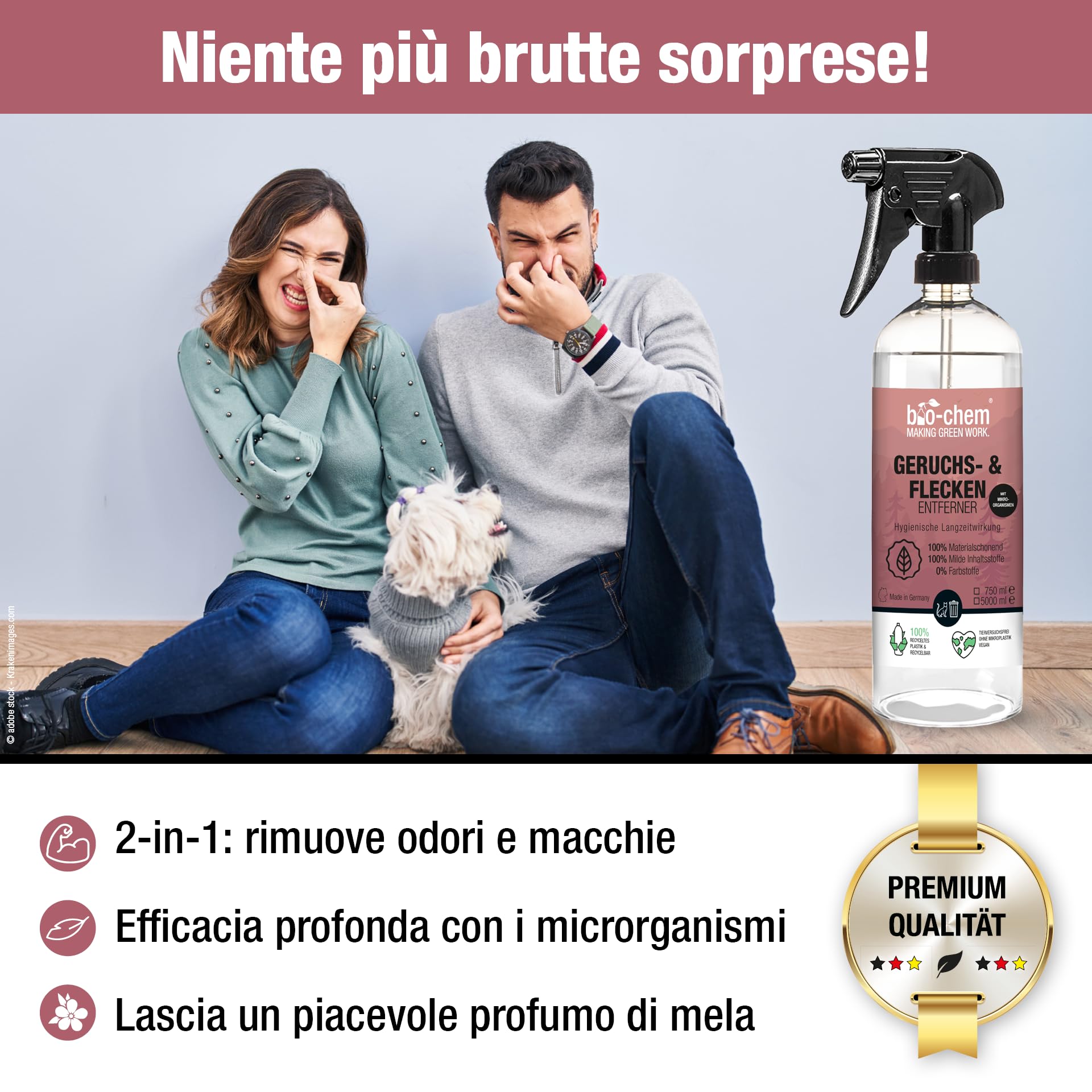 Bio-Chem - Smacchiatore di urina e odori tanica 5L - Prodotto ideale contro l'urina di cane e gatto - Spray neutralizzante e assorbi odori - Prodotto deodorante per la casa