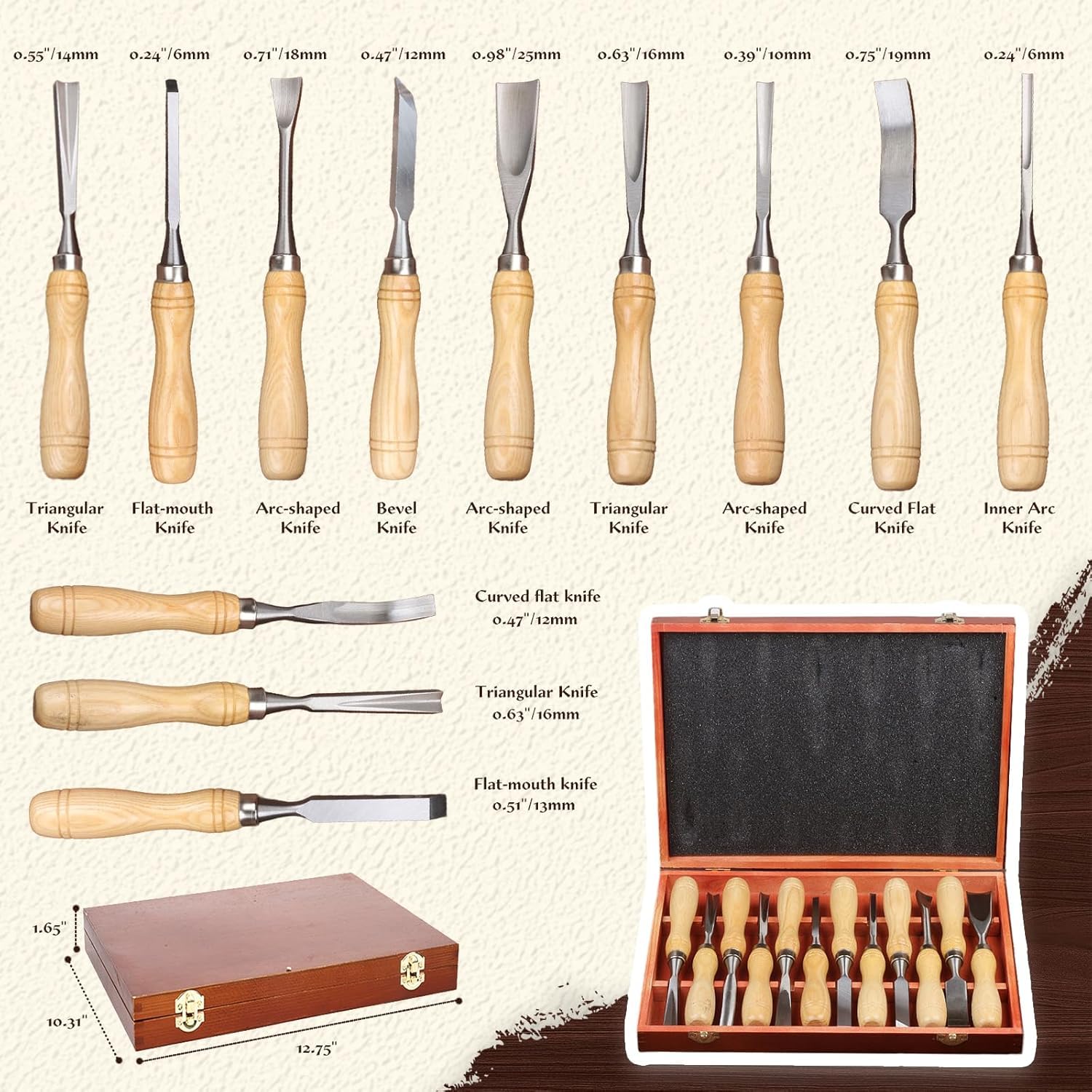 12-teiliges Holzschneidewerkzeug-Set aus 60Cr-V-Stahlklingen & hochwertiger Holz-Geschenkbox – Stecheisen-Set für Holzbearbeitung, geeignet für Anfänger und Profis