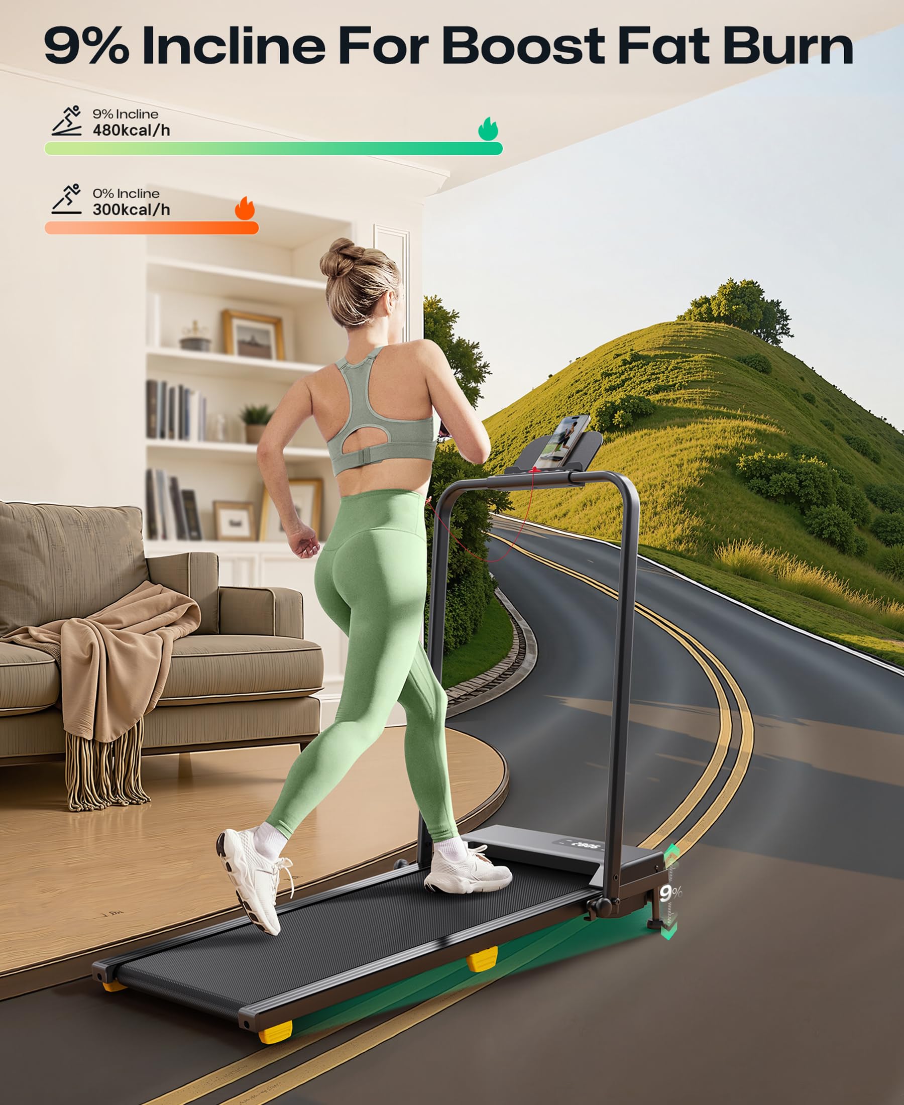 Laufband mit 9% Steigung, Walking pad klappbar mit Sicherheitsgriff, One-Touch-HIIT-Modus, Gehen, Joggen oder Laufen fürs Homeoffice, Kein Zusammenbau erforderlich, Fernbedienung & LED-Anzeige