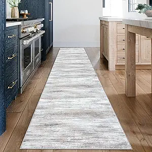 KOZYFLY Modern Abstract Kitchen Runner Rug, 2x12 Washable Rug Runner Non-Slip Soft Striped Hallway Runner Rugs, Beige Print Distressed Carpet Runner for Entryway Bathroom Laundry Room Foyer